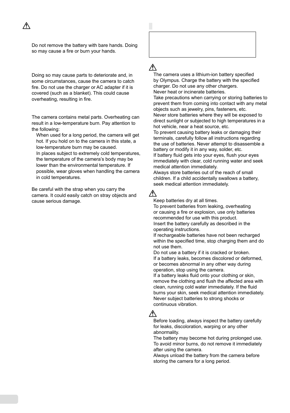 Battery handling precautions, 60 en | Olympus µ-7000 User Manual | Page 60 / 68