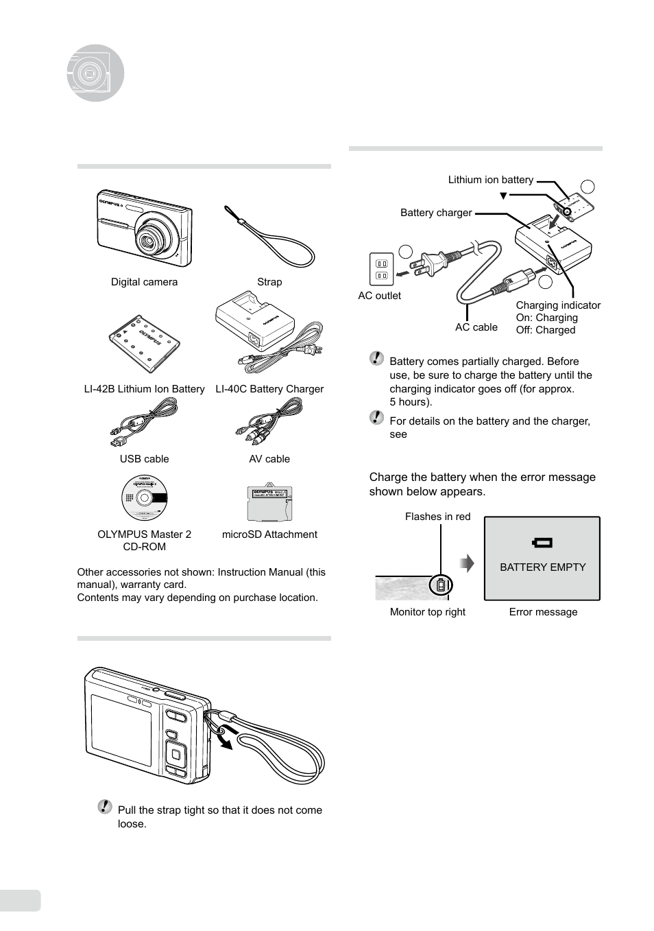 Preparing the camera, Checking the contents of the box, Attaching the camera strap | Charging the battery, 10 en | Olympus FE-360 User Manual | Page 10 / 58