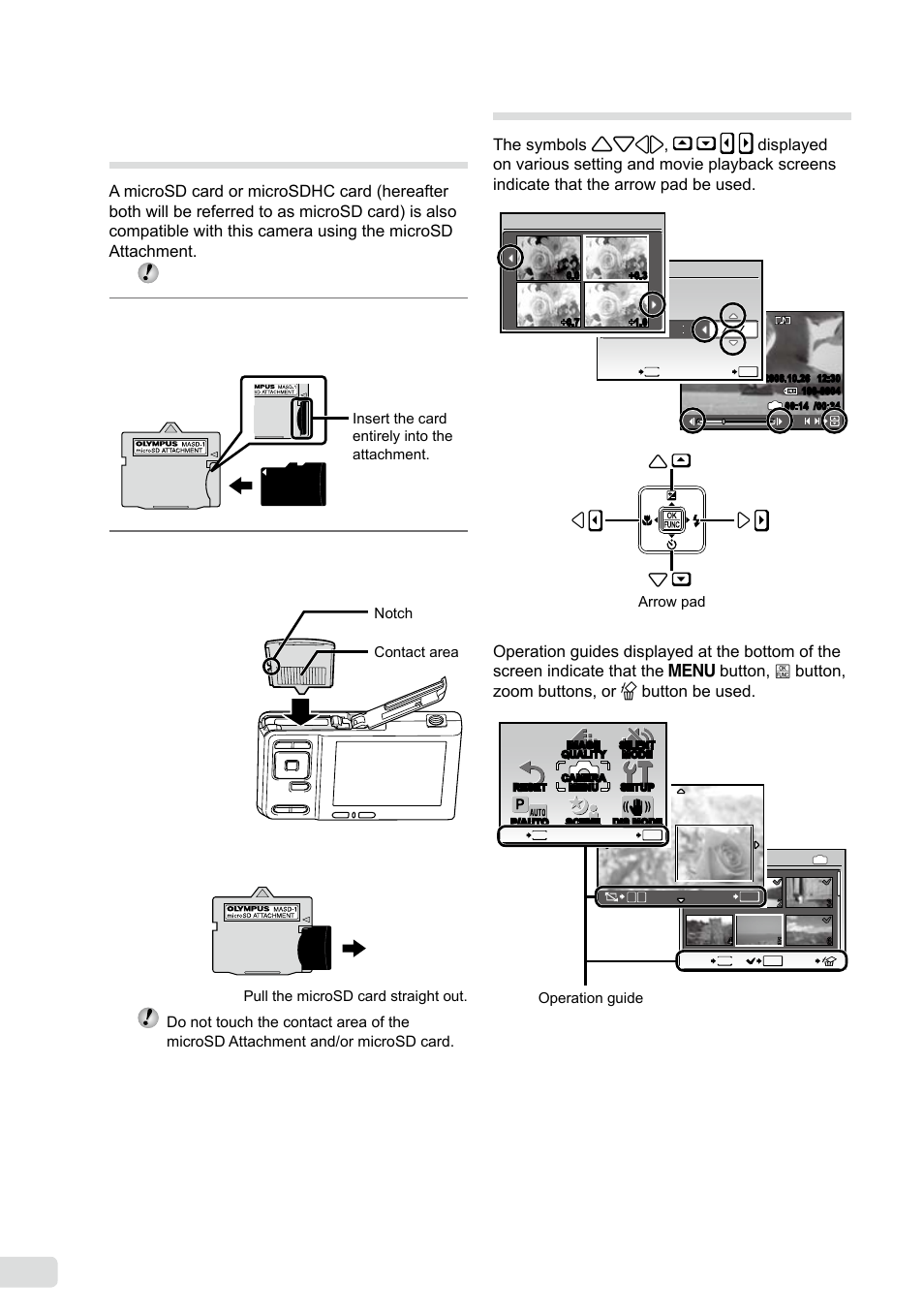 Arrow pad and operation guide, Insert the microsd attachment into the camera | Olympus FE-360 User Manual | Page 12 / 58