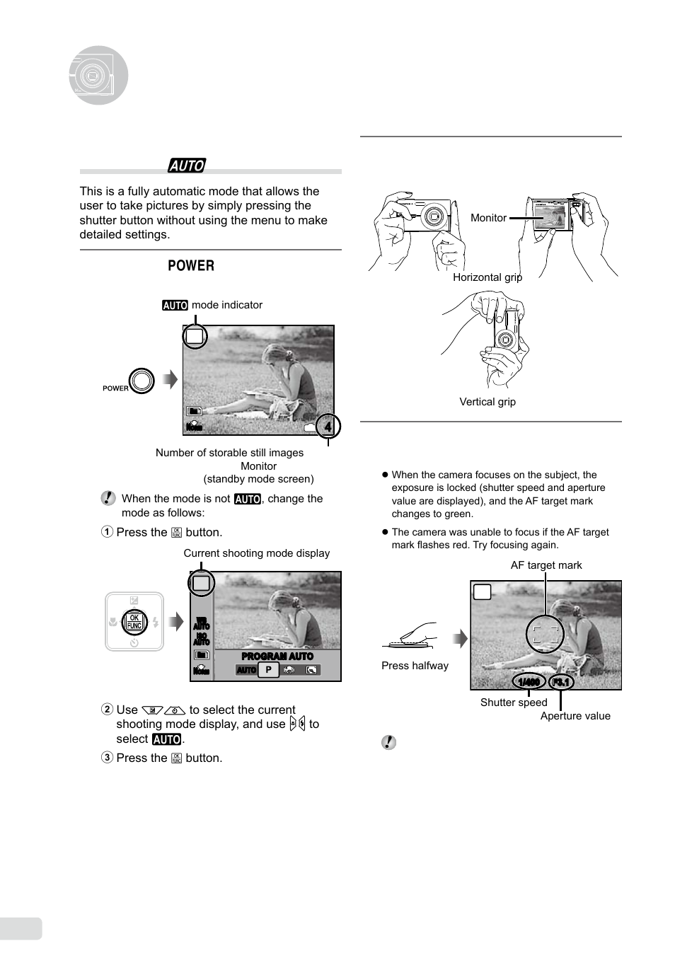 Shooting, playback, and erasing, Shooting with automatic settings, 1 en | Shooting with automatic settings (h mode), Hold the camera and compose the shot, Press the o button to turn on the camera | Olympus FE-360 User Manual | Page 14 / 58