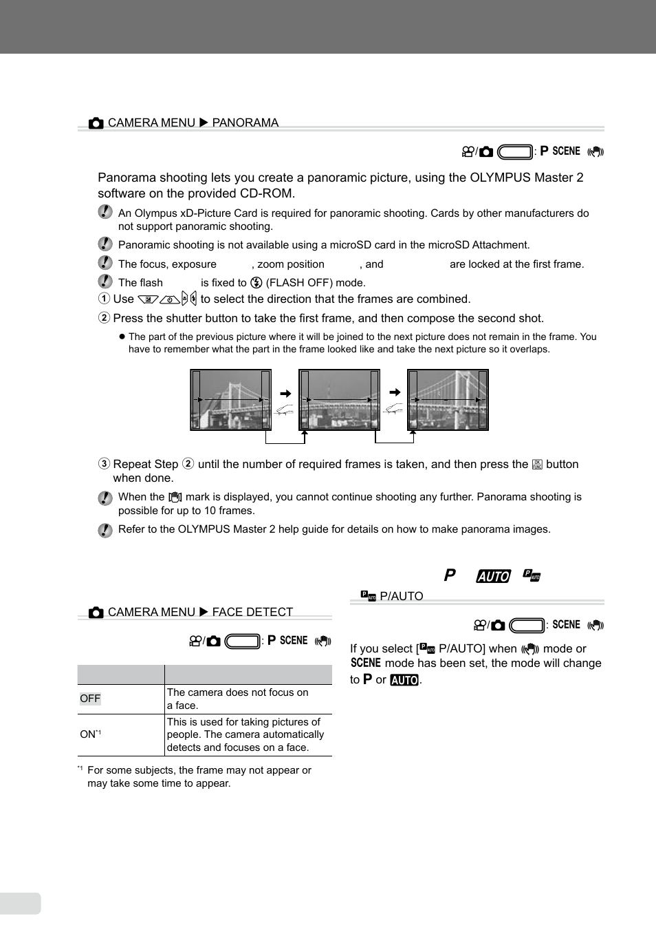 Creating panoramic images, Selecting the focusing on a face, Shooting with p or auto | Creating panoramic images [panorama, Selecting the focusing on a face [face detect, Shooting with p or h [ c p/auto | Olympus FE-360 User Manual | Page 26 / 58
