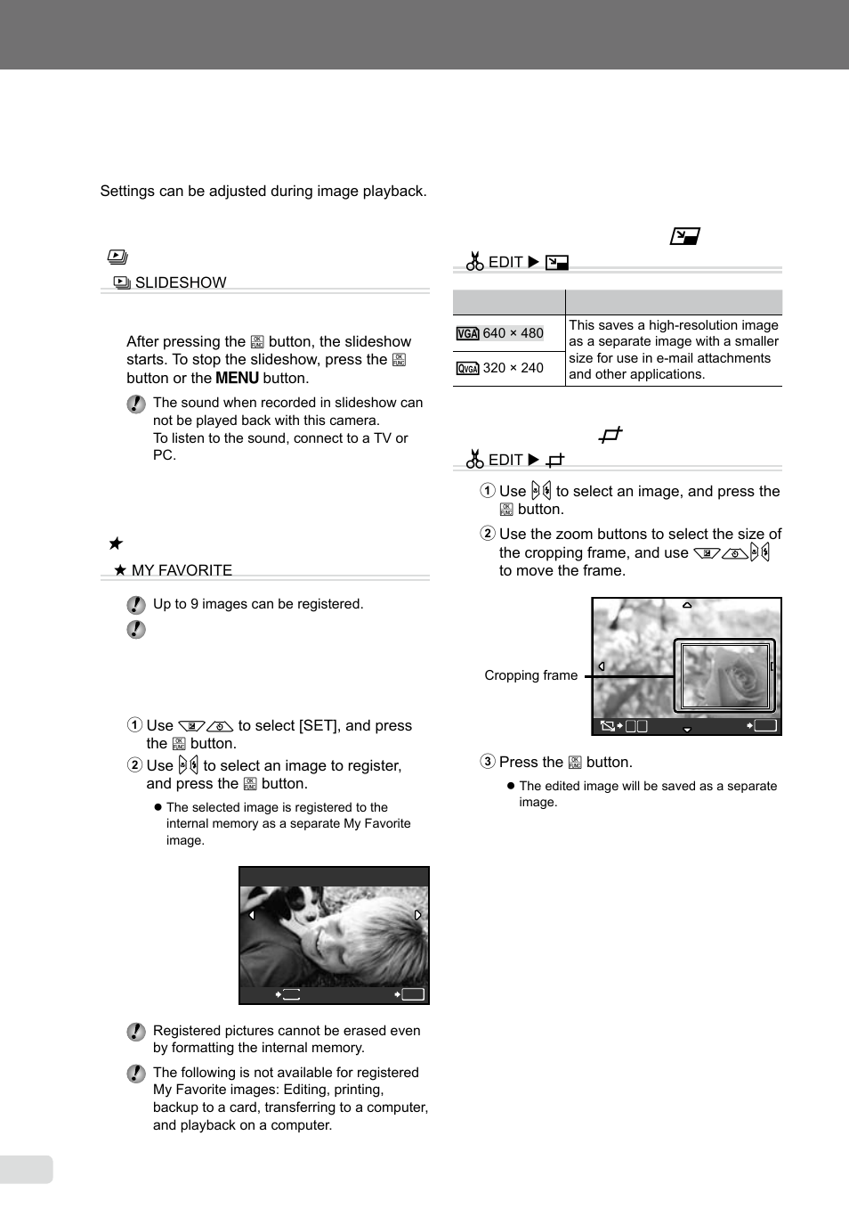 Playing back pictures automatically, Changing the image size, Cropping image | Menus for playback, editing, and, Printing functions, Playing back pictures automatically [ y slideshow, Changing the image size [ q, Cropping image [ p | Olympus FE-360 User Manual | Page 28 / 58