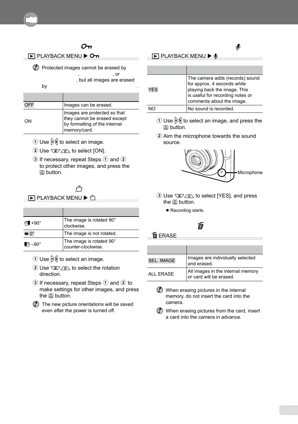 Protecting images, Rotating images, Adding sound to still images | Erasing images, Protecting images [ 0, Rotating images [ y, Adding sound to still images [ r, Erasing images [ d erase | Olympus FE-360 User Manual | Page 29 / 58