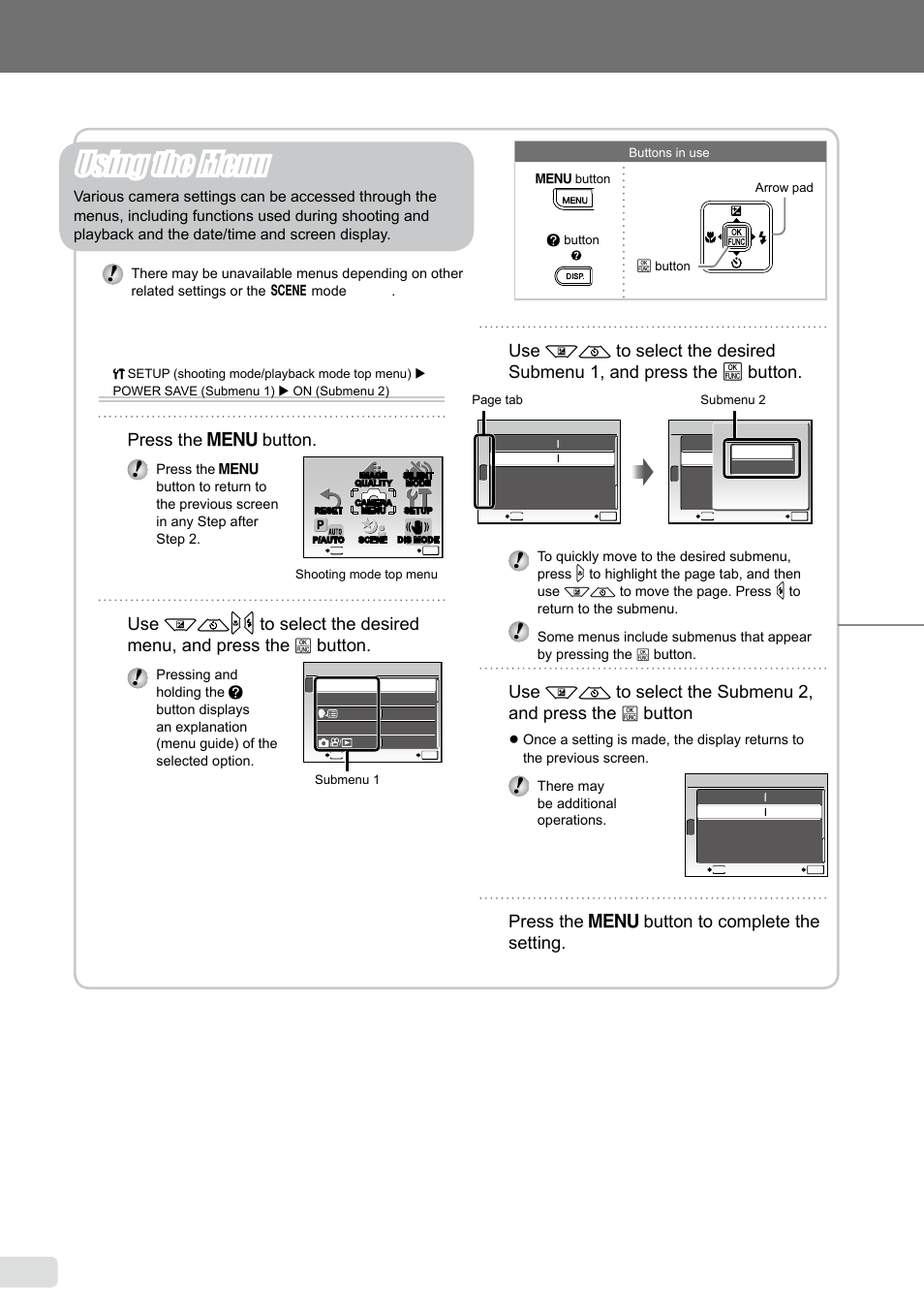Using the menu, Three types of setting operations, Press the  button | Button, Press the  button to complete the setting | Olympus FE-360 User Manual | Page 3 / 58