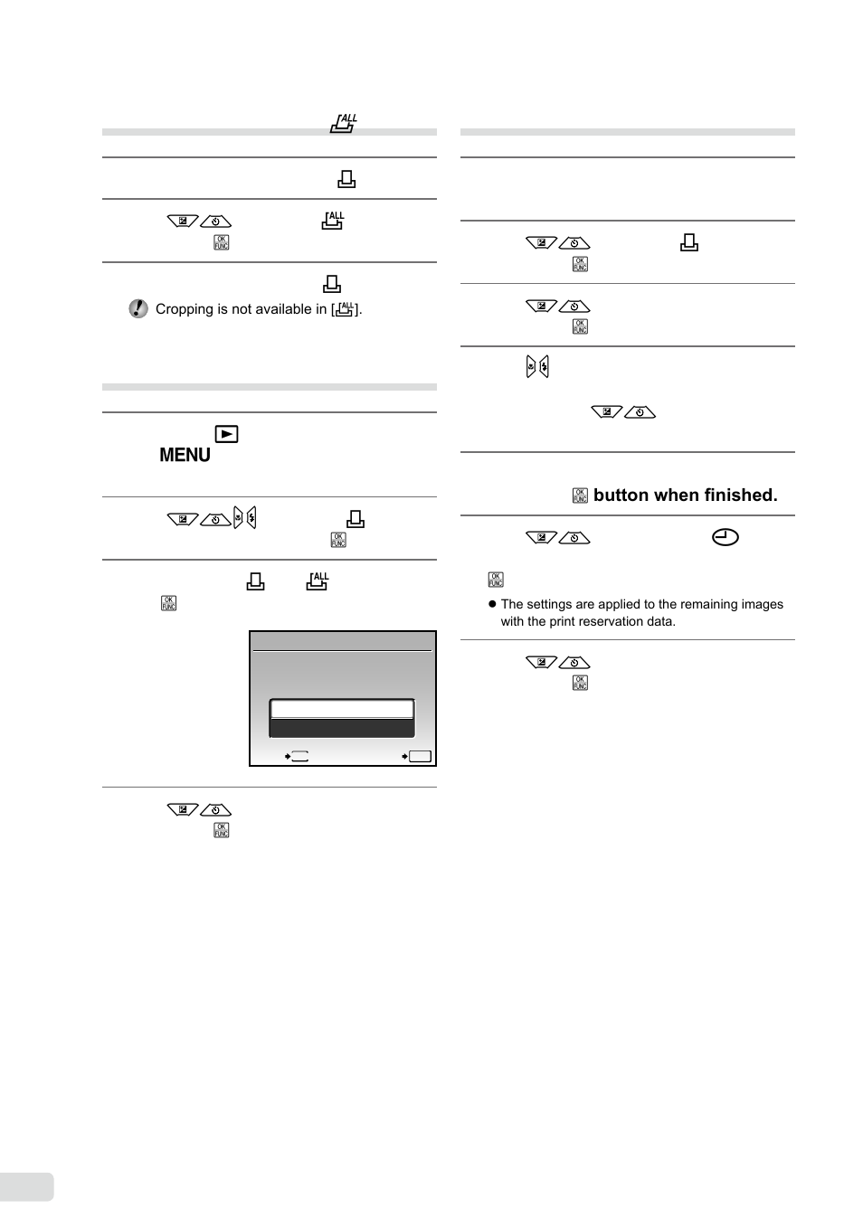 Reserving one print each of all images on the card, Resetting all print reservation data | Olympus FE-360 User Manual | Page 38 / 58
