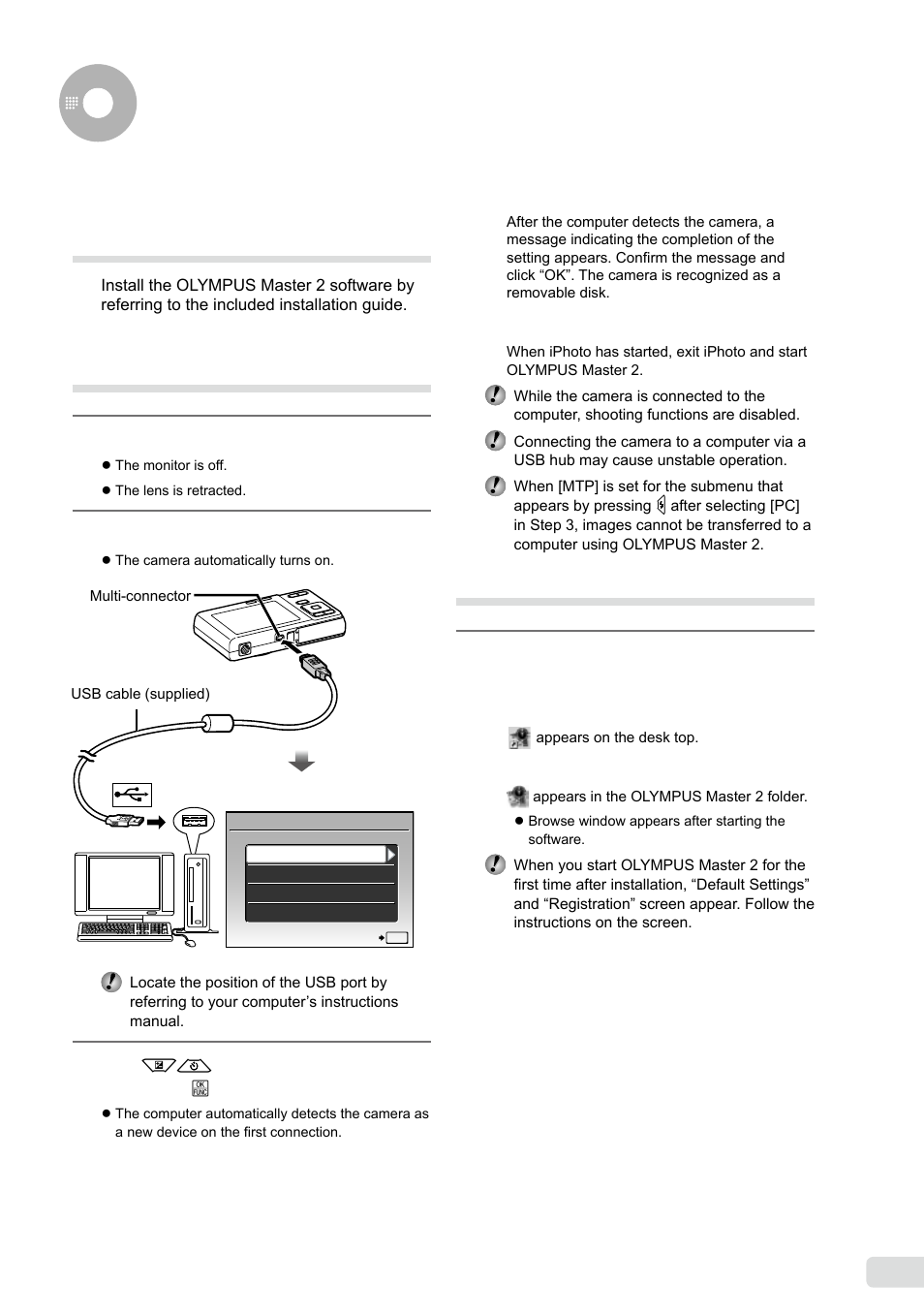 Using olympus master 2, Connecting the camera to a computer, Starting olympus master 2 | Olympus FE-360 User Manual | Page 39 / 58