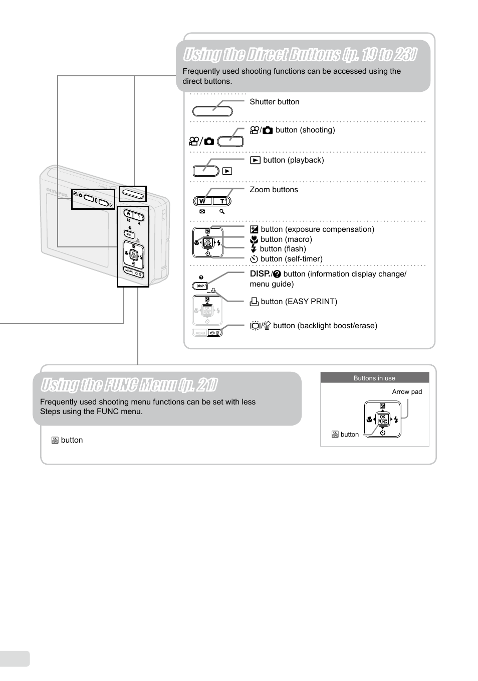 Using the func menu (p. 21), Using the direct buttons (p. 19 to 23) | Olympus FE-360 User Manual | Page 4 / 58