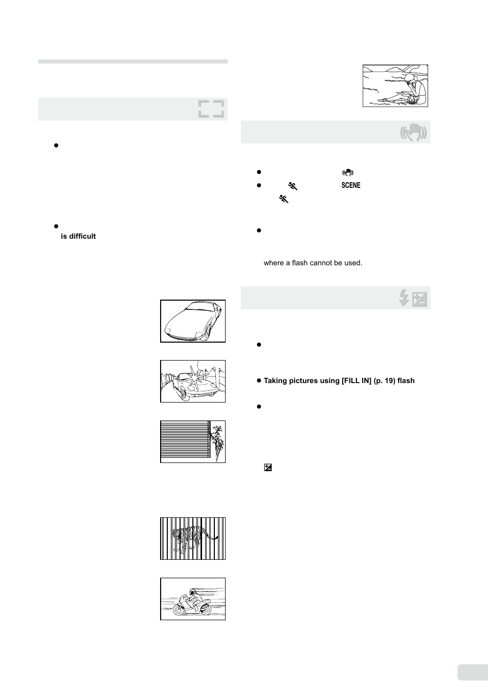Shooting tips, Focusing, Camera shake | Exposure (brightness), 43 en shooting tips | Olympus FE-360 User Manual | Page 43 / 58