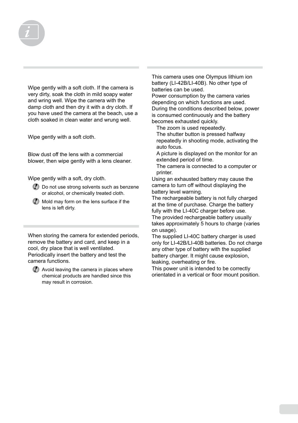 Appendix, Camera care, Storage | Battery and charger | Olympus FE-360 User Manual | Page 45 / 58