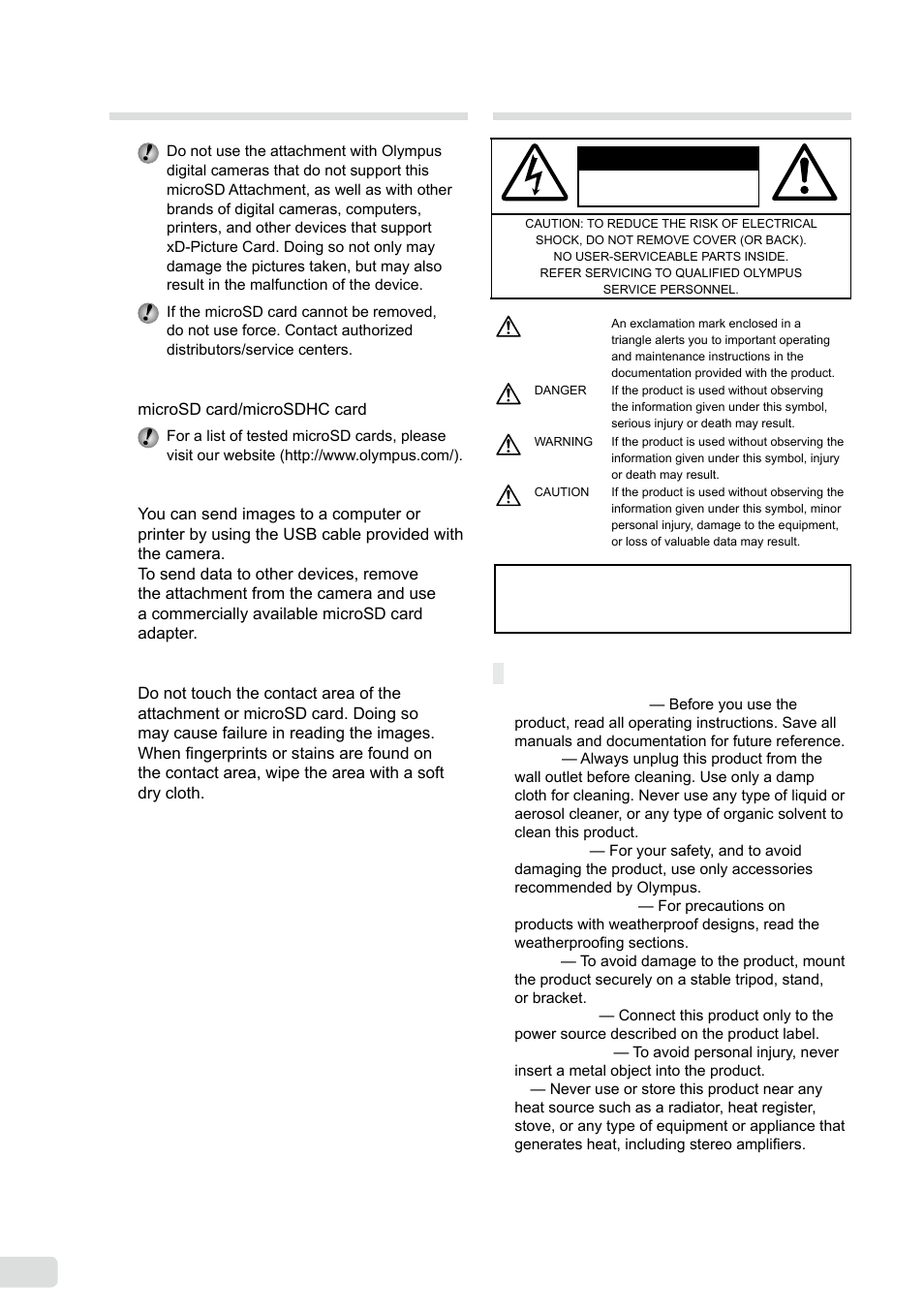 Using the microsd attachment, Safety precautions, General precautions | En using the microsd attachment | Olympus FE-360 User Manual | Page 48 / 58