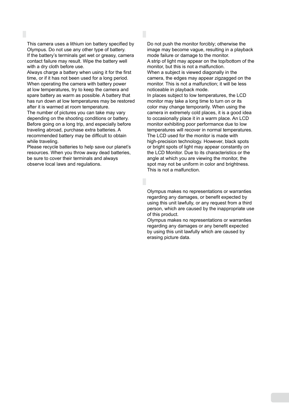 Battery handling precautions, Lcd monitor, Legal and other notices | 1 en | Olympus FE-360 User Manual | Page 51 / 58