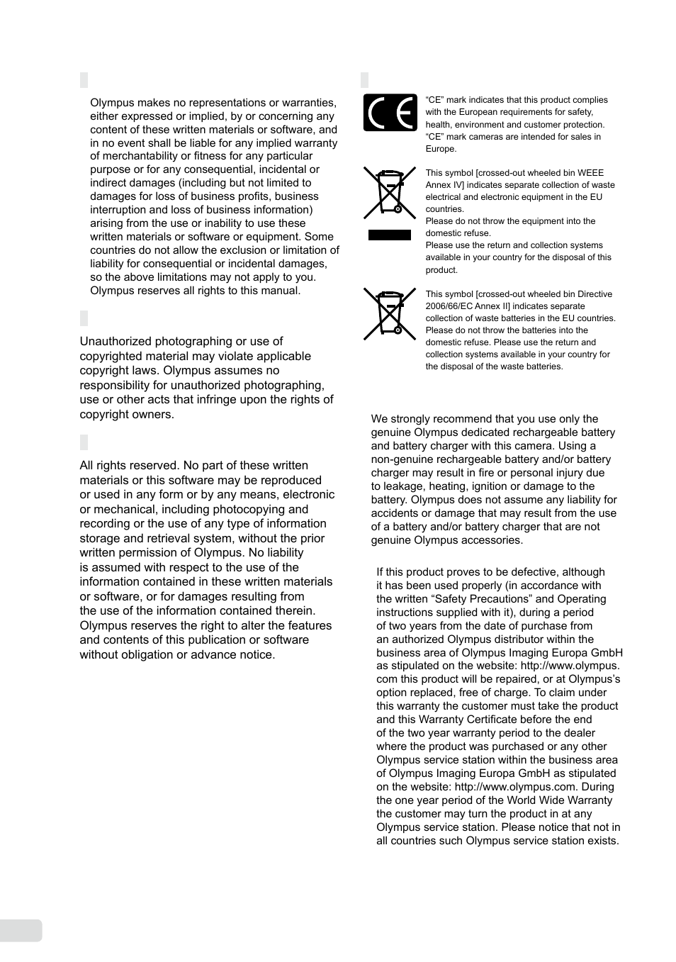 Disclaimer of warranty, Warning, Copyright notice | For customers in europe | Olympus FE-360 User Manual | Page 52 / 58