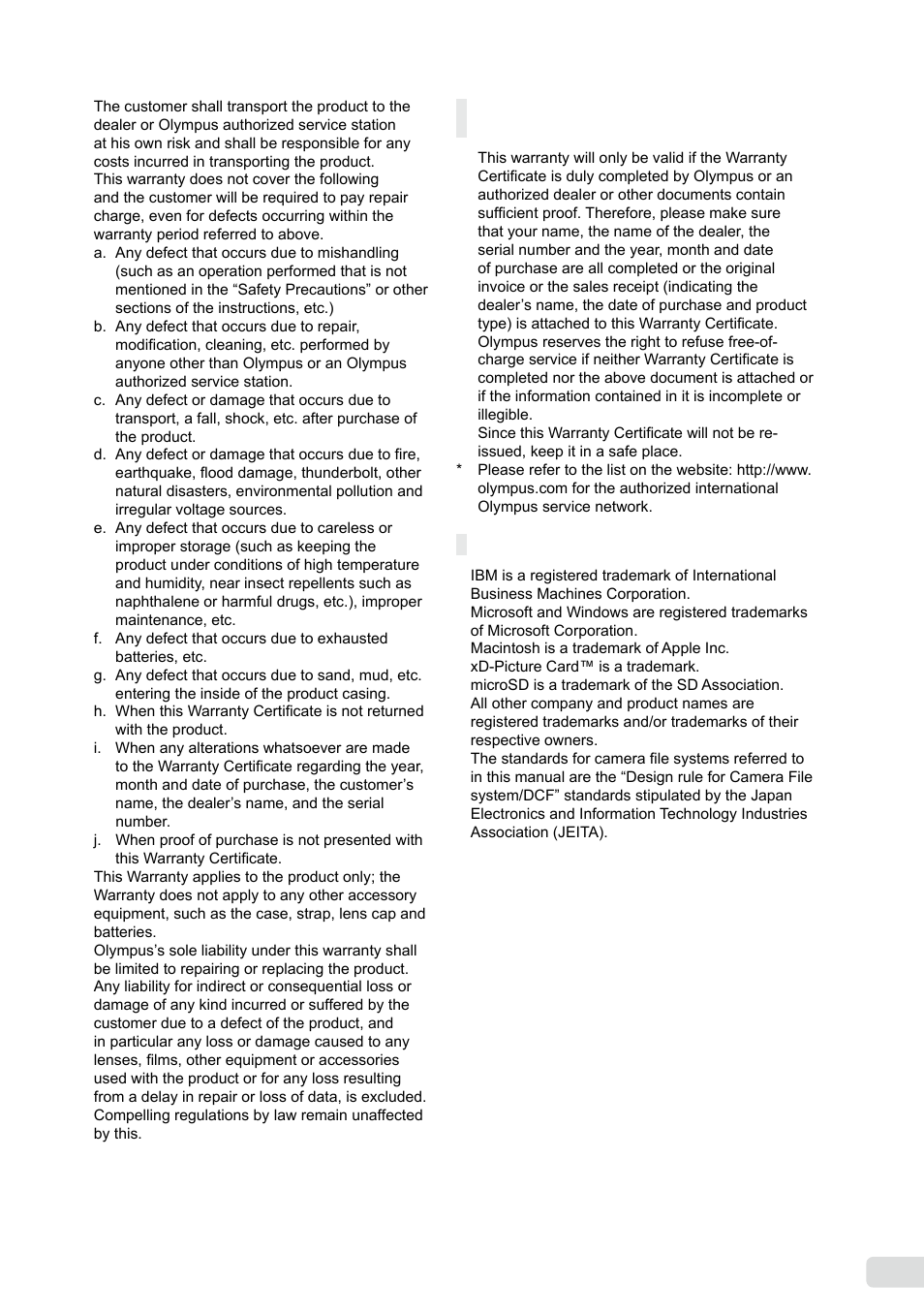 Notes regarding warranty maintenance, Trademarks | Olympus FE-360 User Manual | Page 53 / 58