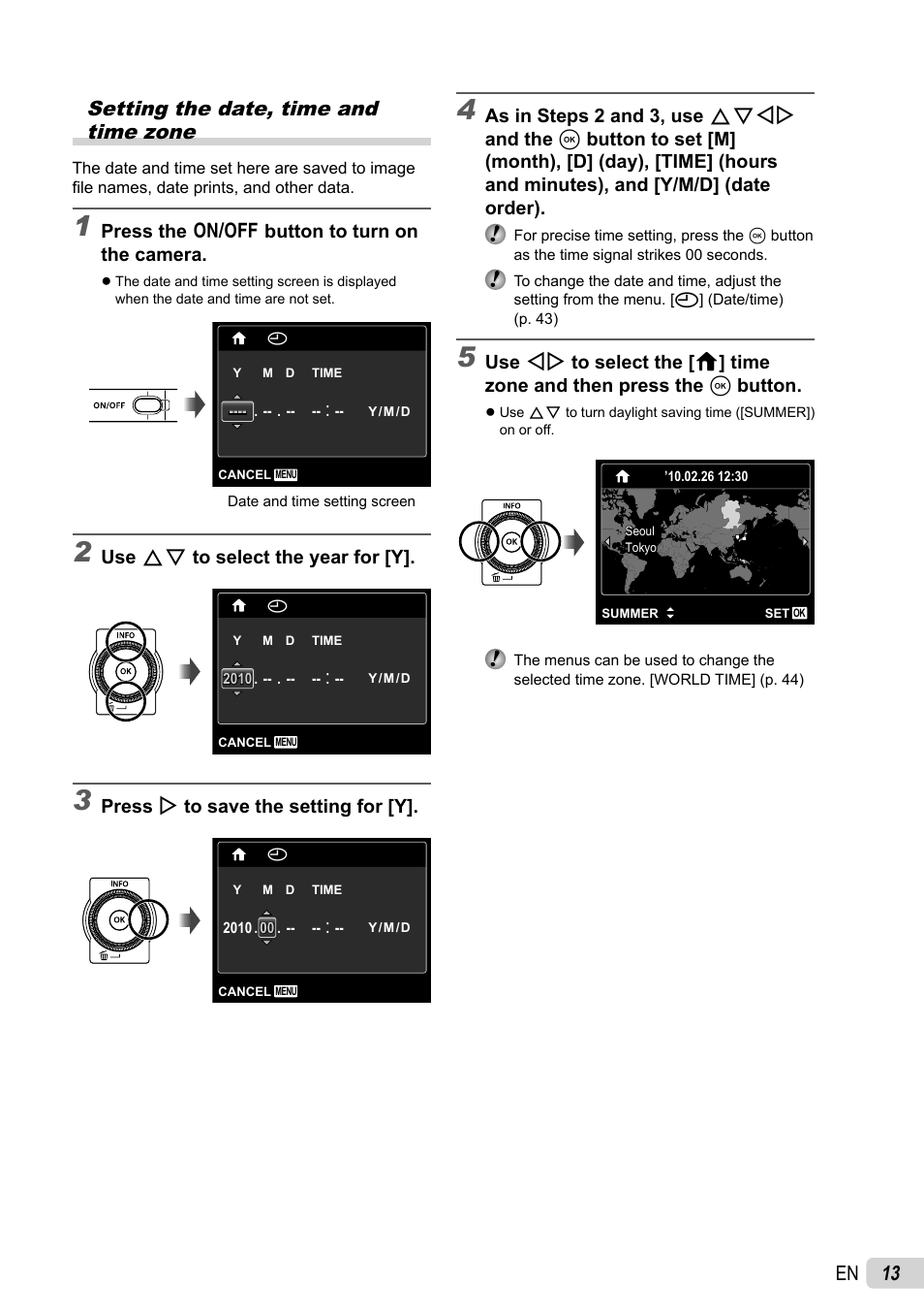 13 en setting the date, time and time zone | Olympus 5010 User Manual | Page 13 / 74