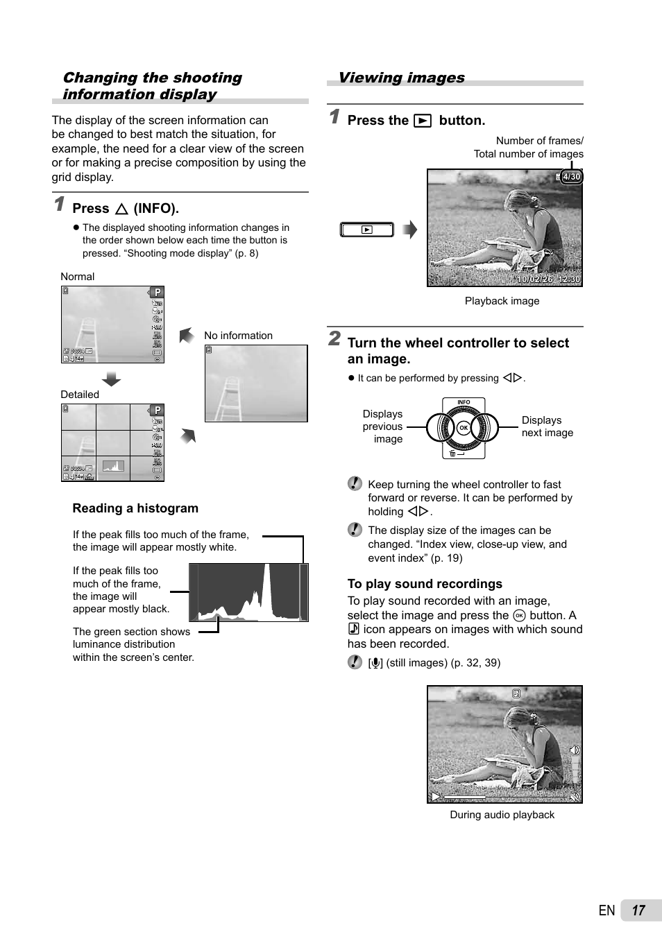 17 en changing the shooting information display, Viewing images, Press f (info) | Press the q button, Turn the wheel controller to select an image, Reading a histogram | Olympus 5010 User Manual | Page 17 / 74