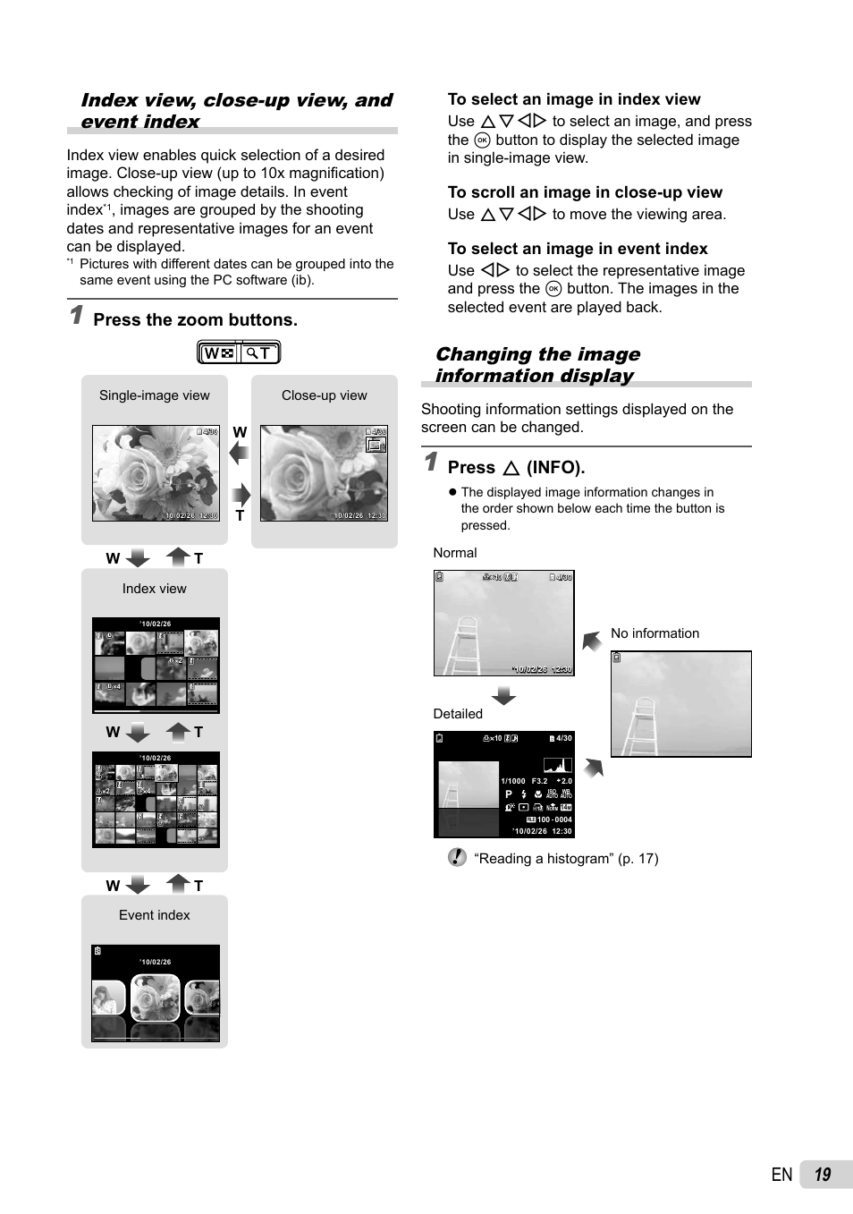 19 en index view, close-up view, and event index, Changing the image information display, Press the zoom buttons | Press f (info), Use fghi to move the viewing area | Olympus 5010 User Manual | Page 19 / 74