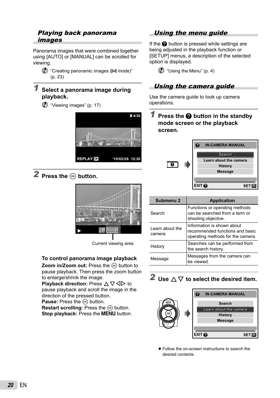 20 en playing back panorama images, Using the menu guide, Using the camera guide | Olympus 5010 User Manual | Page 20 / 74