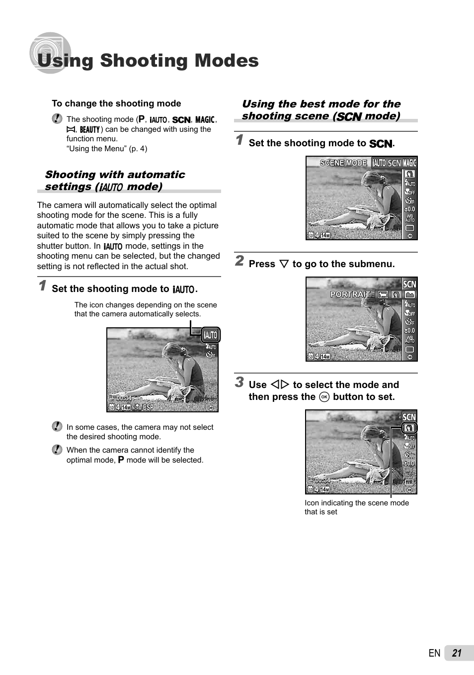 Using shooting modes, 21 en, Shooting with automatic settings (m mode) | Set the shooting mode to s, Press g to go to the submenu, Set the shooting mode to m | Olympus 5010 User Manual | Page 21 / 74