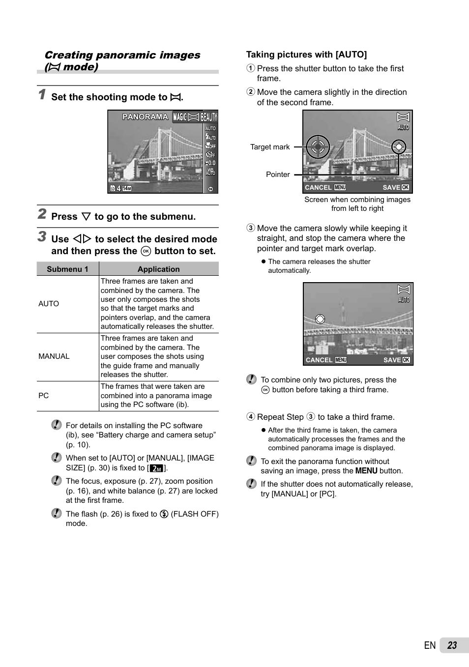 23 en creating panoramic images (p mode), Set the shooting mode to p, Press g to go to the submenu | Olympus 5010 User Manual | Page 23 / 74