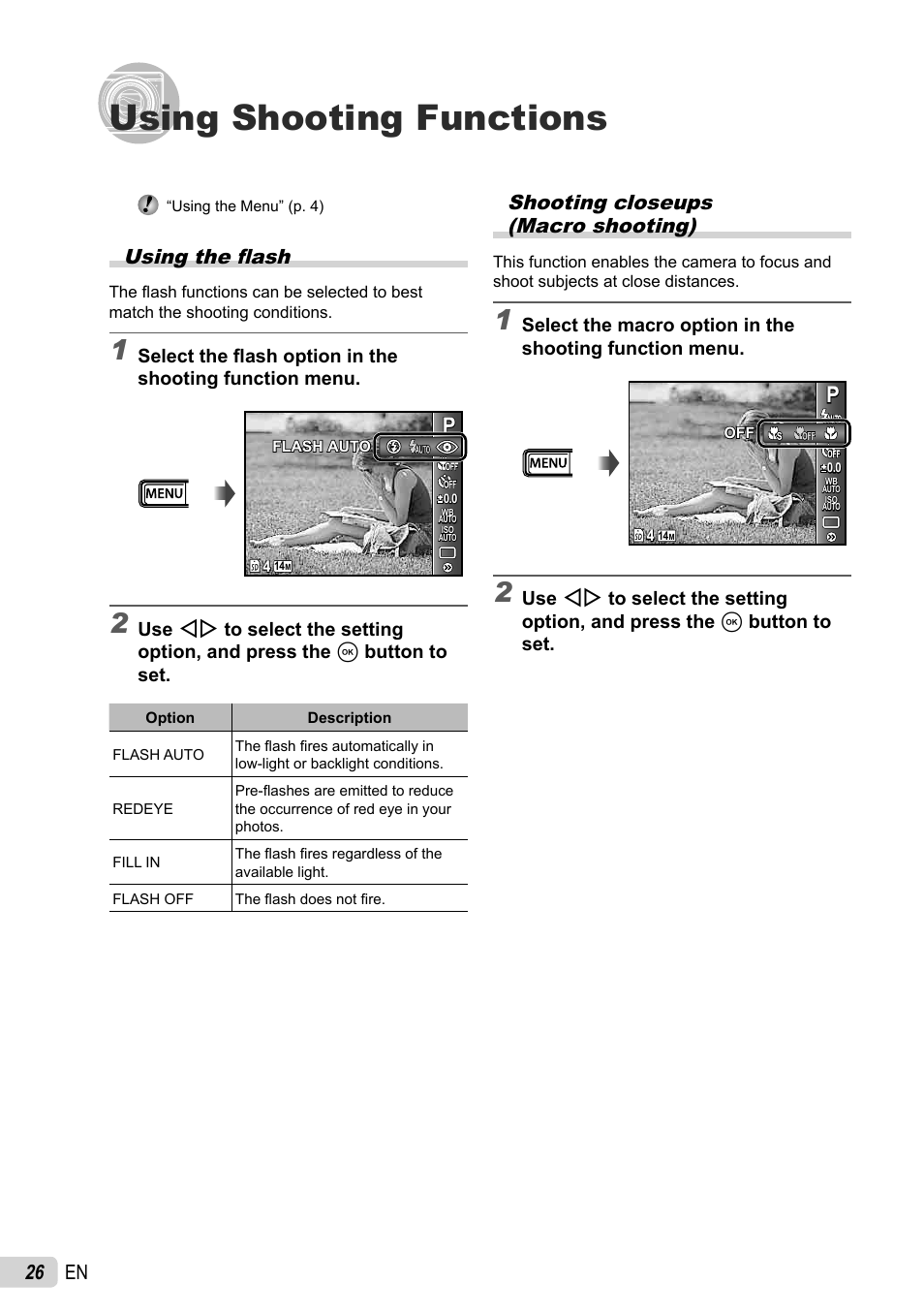 Using shooting functions, 26 en, Shooting closeups (macro shooting) | Using the fl ash | Olympus 5010 User Manual | Page 26 / 74