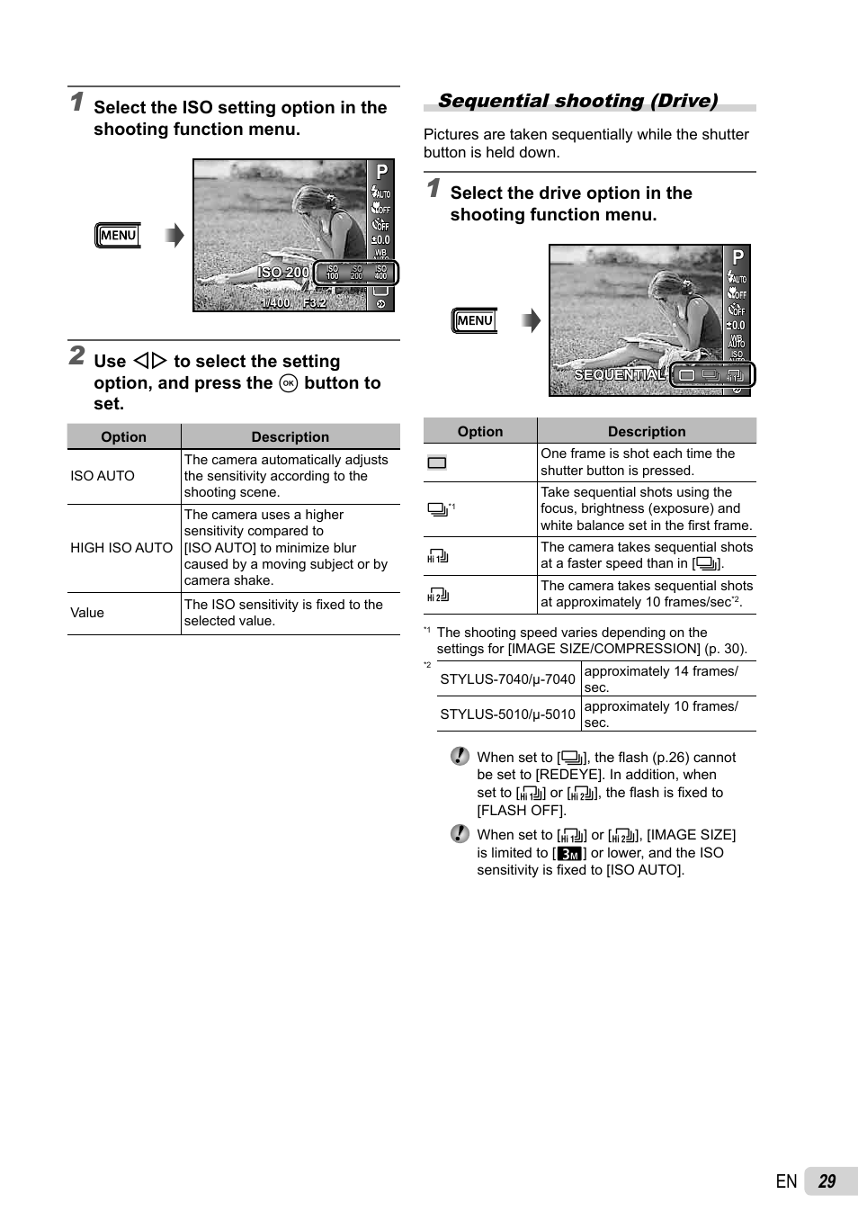 29 en, Sequential shooting (drive) | Olympus 5010 User Manual | Page 29 / 74
