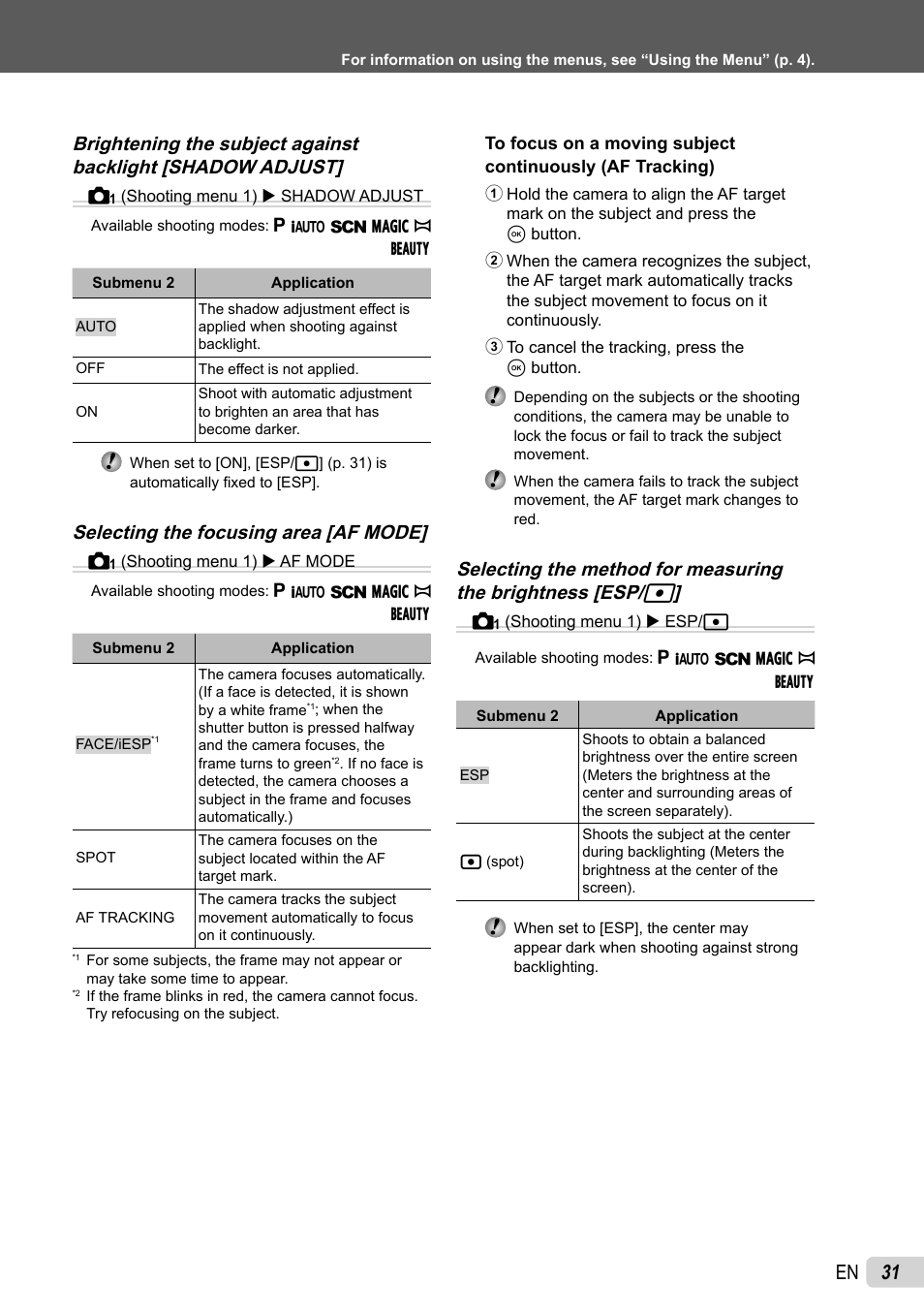 31 en, Selecting the focusing area [af mode | Olympus 5010 User Manual | Page 31 / 74