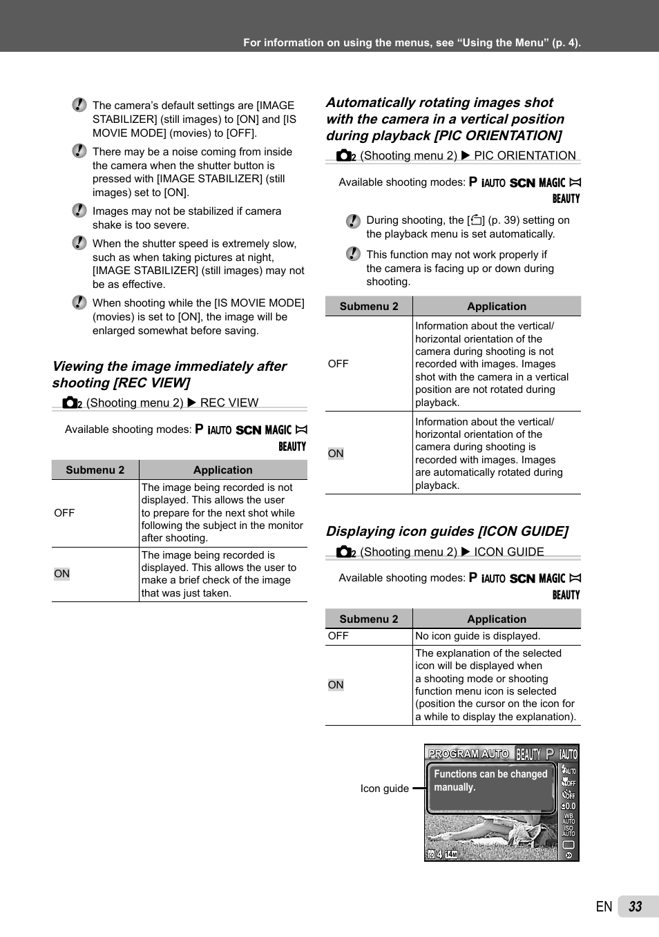 33 en, Displaying icon guides [icon guide | Olympus 5010 User Manual | Page 33 / 74