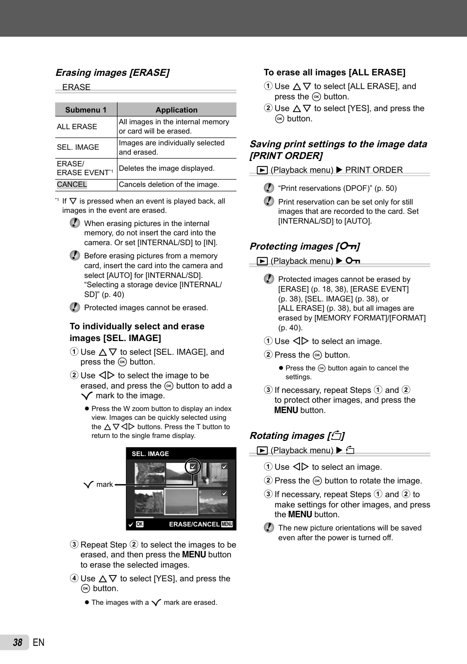 38 en, Erasing images [erase, Protecting images [ 0 | Rotating images [ y | Olympus 5010 User Manual | Page 38 / 74