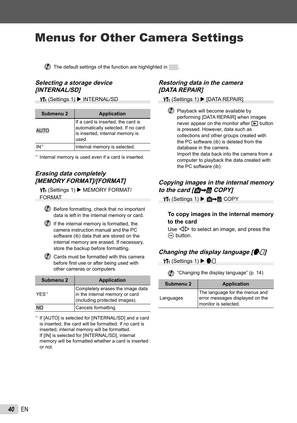 Menus for other camera settings, 40 en, Restoring data in the camera [data repair | Changing the display language [ l, Selecting a storage device [internal/sd | Olympus 5010 User Manual | Page 40 / 74