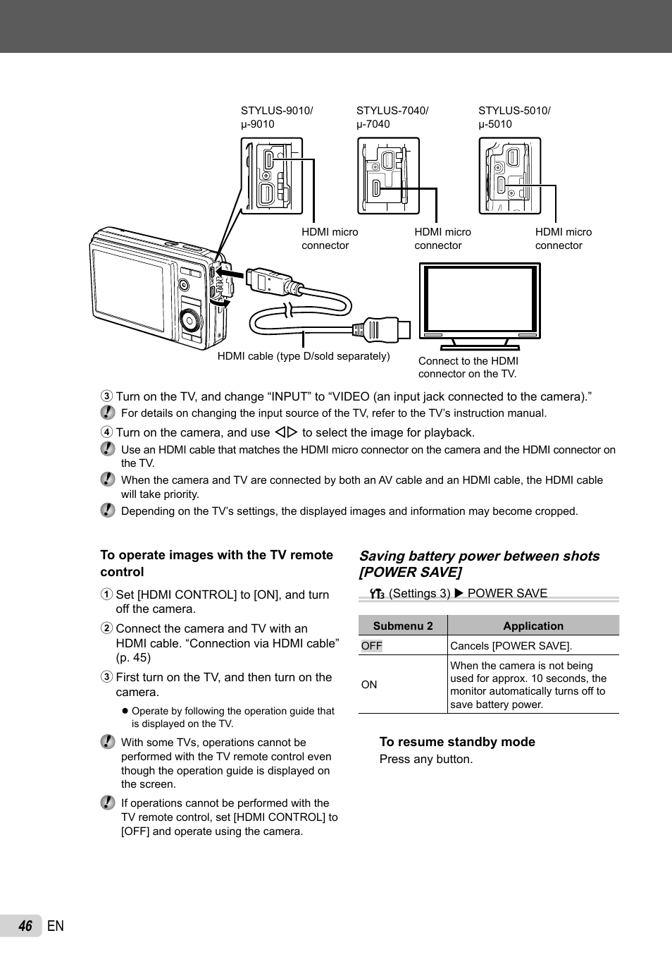 46 en, Saving battery power between shots [power save | Olympus 5010 User Manual | Page 46 / 74