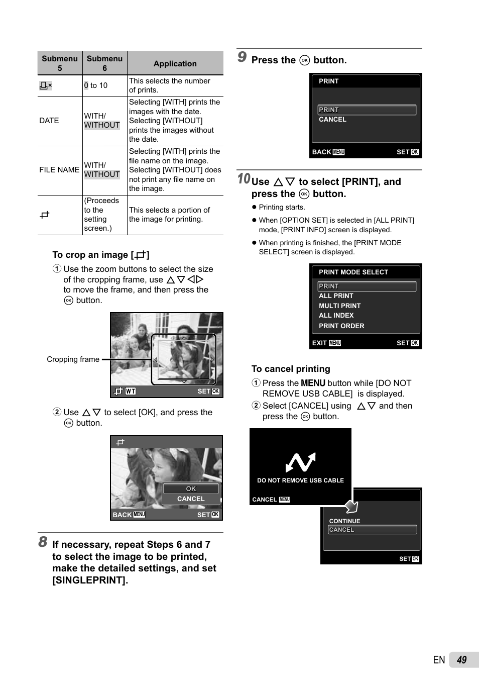 49 en, Press the a button, Use fg to select [print], and press the a button | Olympus 5010 User Manual | Page 49 / 74