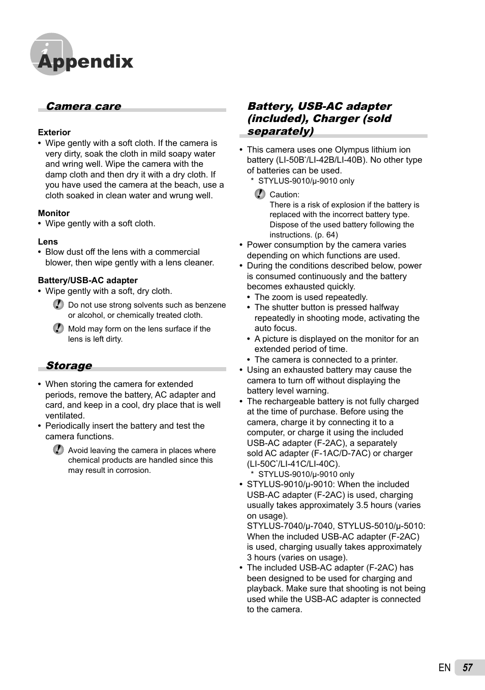 Appendix, 57 en, Camera care | Storage | Olympus 5010 User Manual | Page 57 / 74