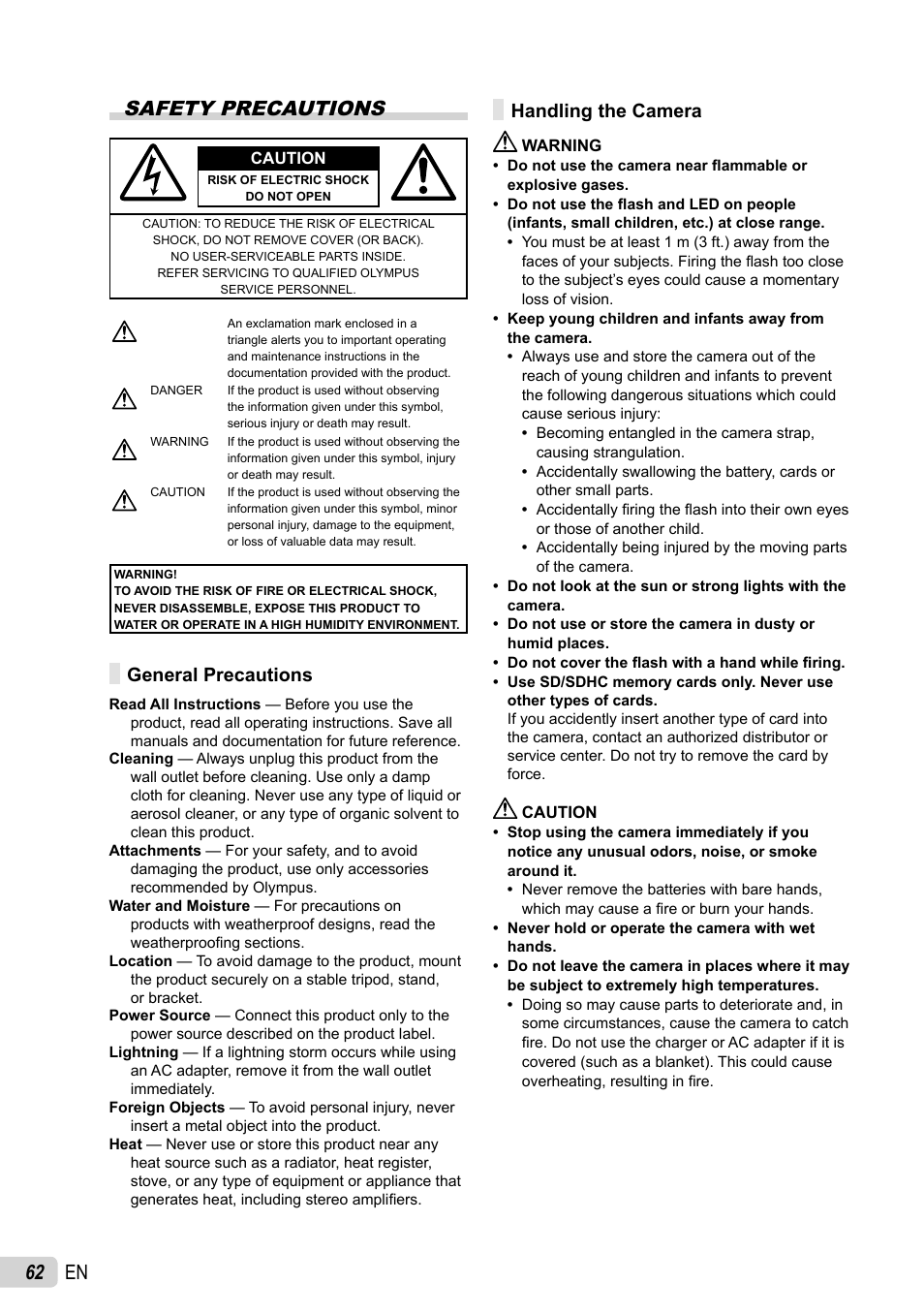 62 en safety precautions, General precautions, Handling the camera | Olympus 5010 User Manual | Page 62 / 74