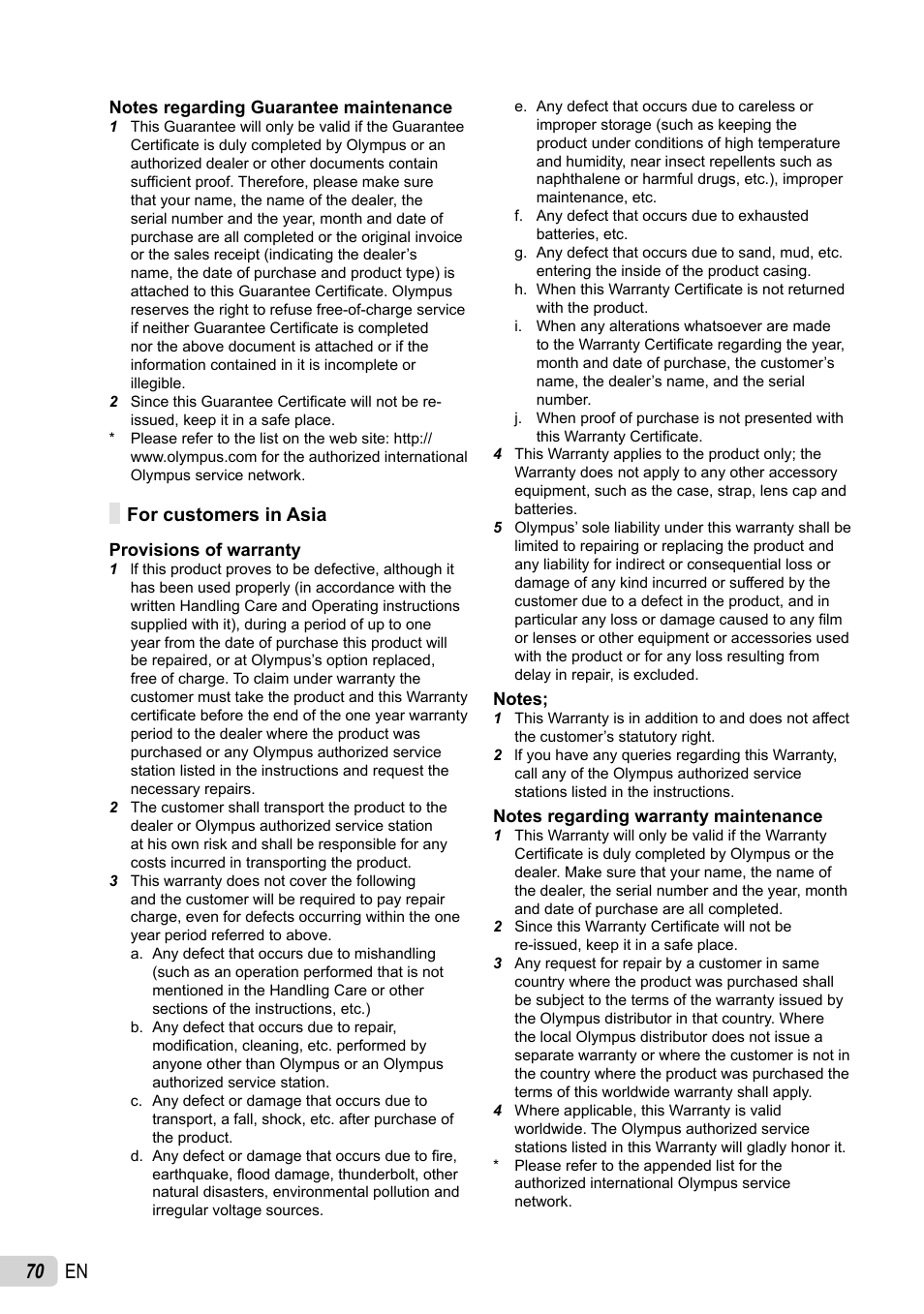 70 en, For customers in asia | Olympus 5010 User Manual | Page 70 / 74