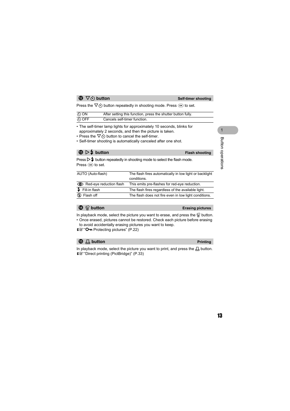 Self-timer button, Flash mode button, Erase button | Print reservation button | Olympus FE-140 User Manual | Page 13 / 80