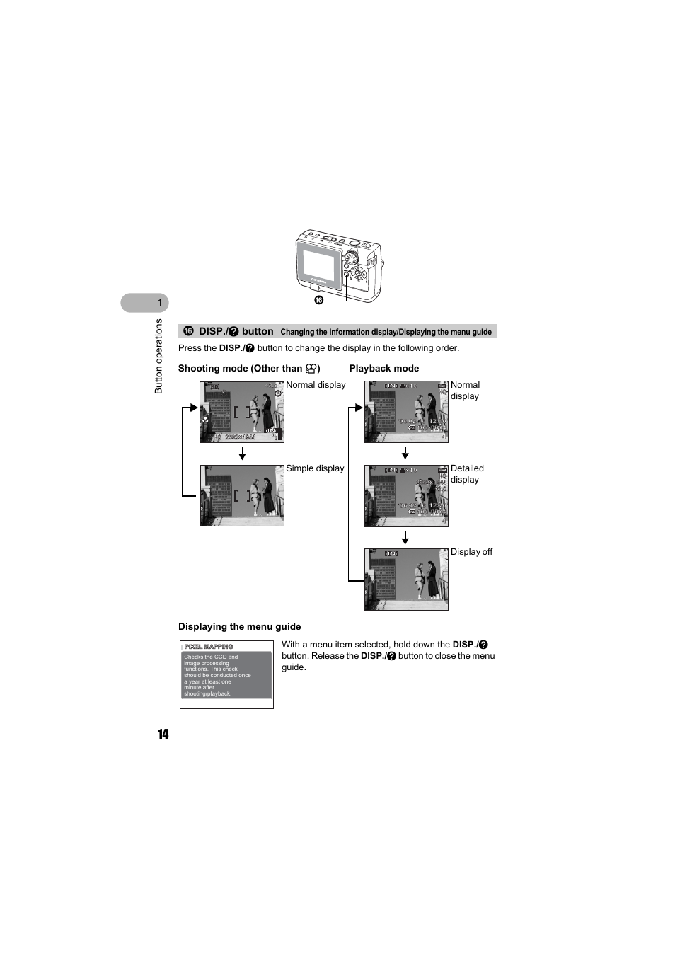 Display/? button, Disp, E button | Fdisp./ e button | Olympus FE-140 User Manual | Page 14 / 80