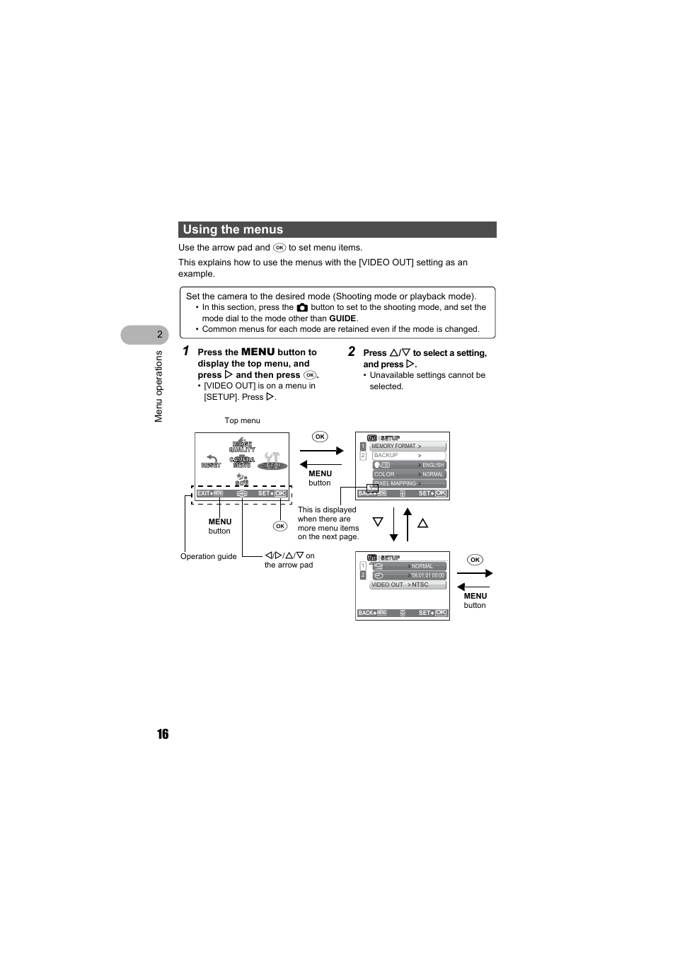 Using the menus, Menu | Olympus FE-140 User Manual | Page 16 / 80
