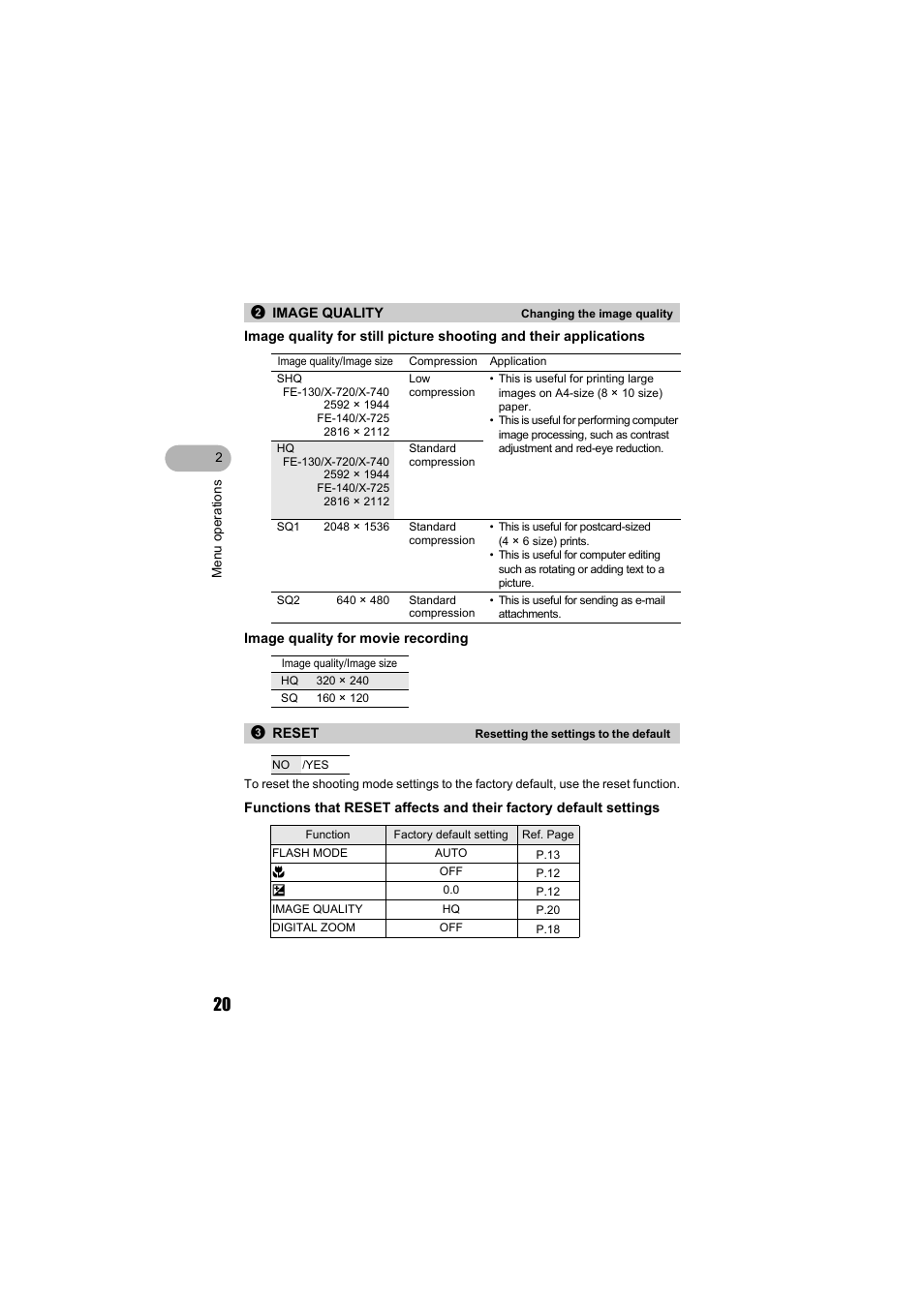 Image quality, Reset | Olympus FE-140 User Manual | Page 20 / 80
