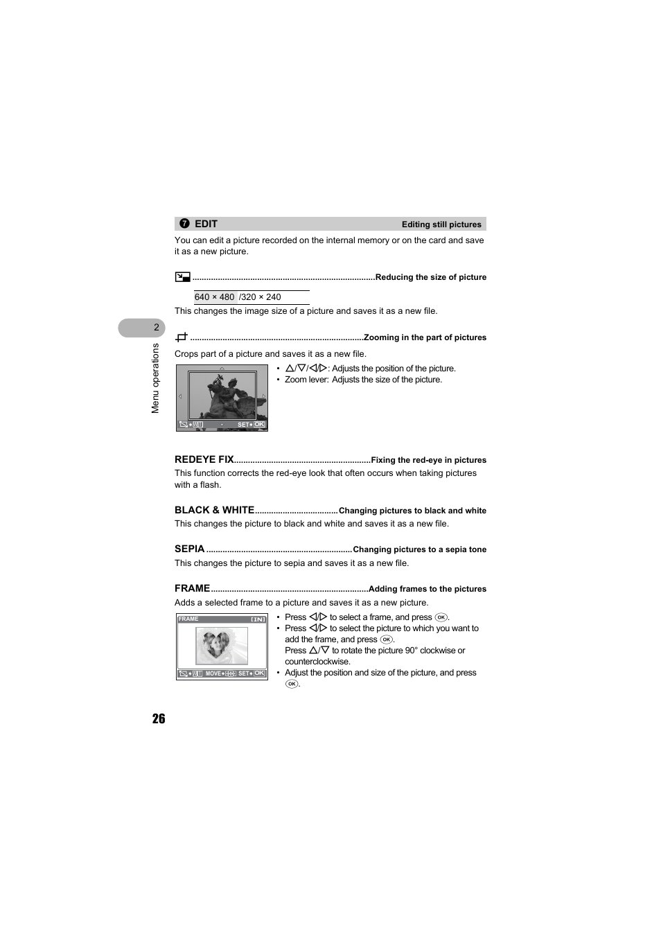 Edit, Resizing, Trimming | Redeye fix, Black & white, Sepia, Frame | Olympus FE-140 User Manual | Page 26 / 80