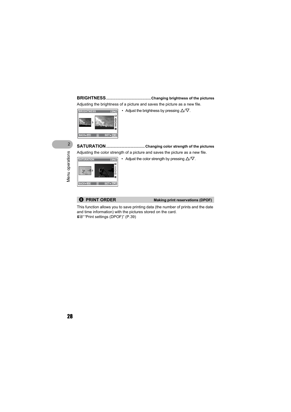 Brightness, Saturation, Print order | Olympus FE-140 User Manual | Page 28 / 80