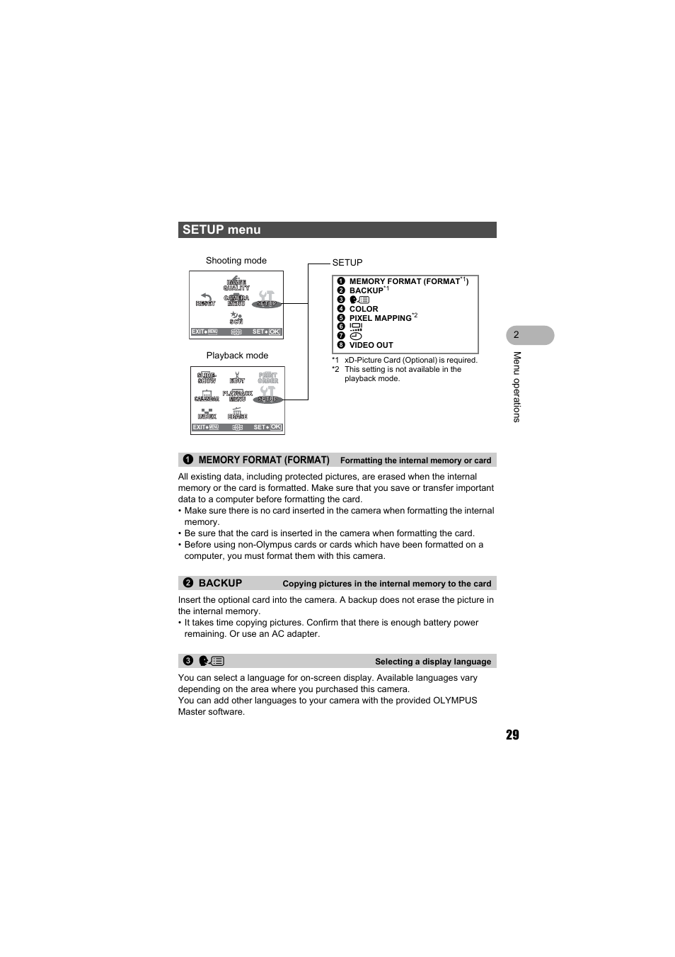Setup menu, Memory format (format), Backup | Selecting a language, Formatting the internal memory or card, 2backup | Olympus FE-140 User Manual | Page 29 / 80