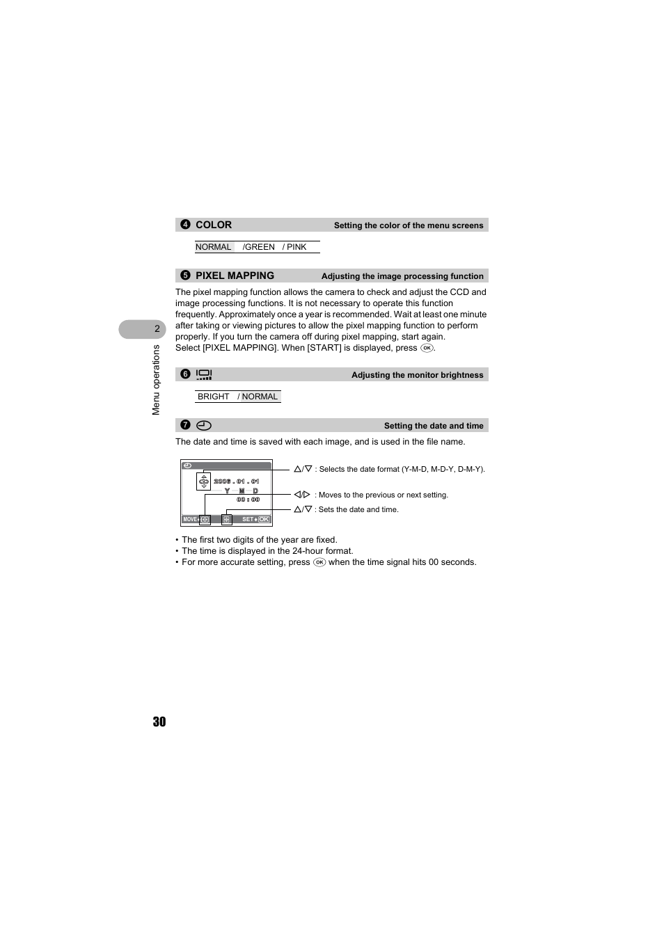 Color, Pixel mapping, Monitor brightness | Date and time | Olympus FE-140 User Manual | Page 30 / 80