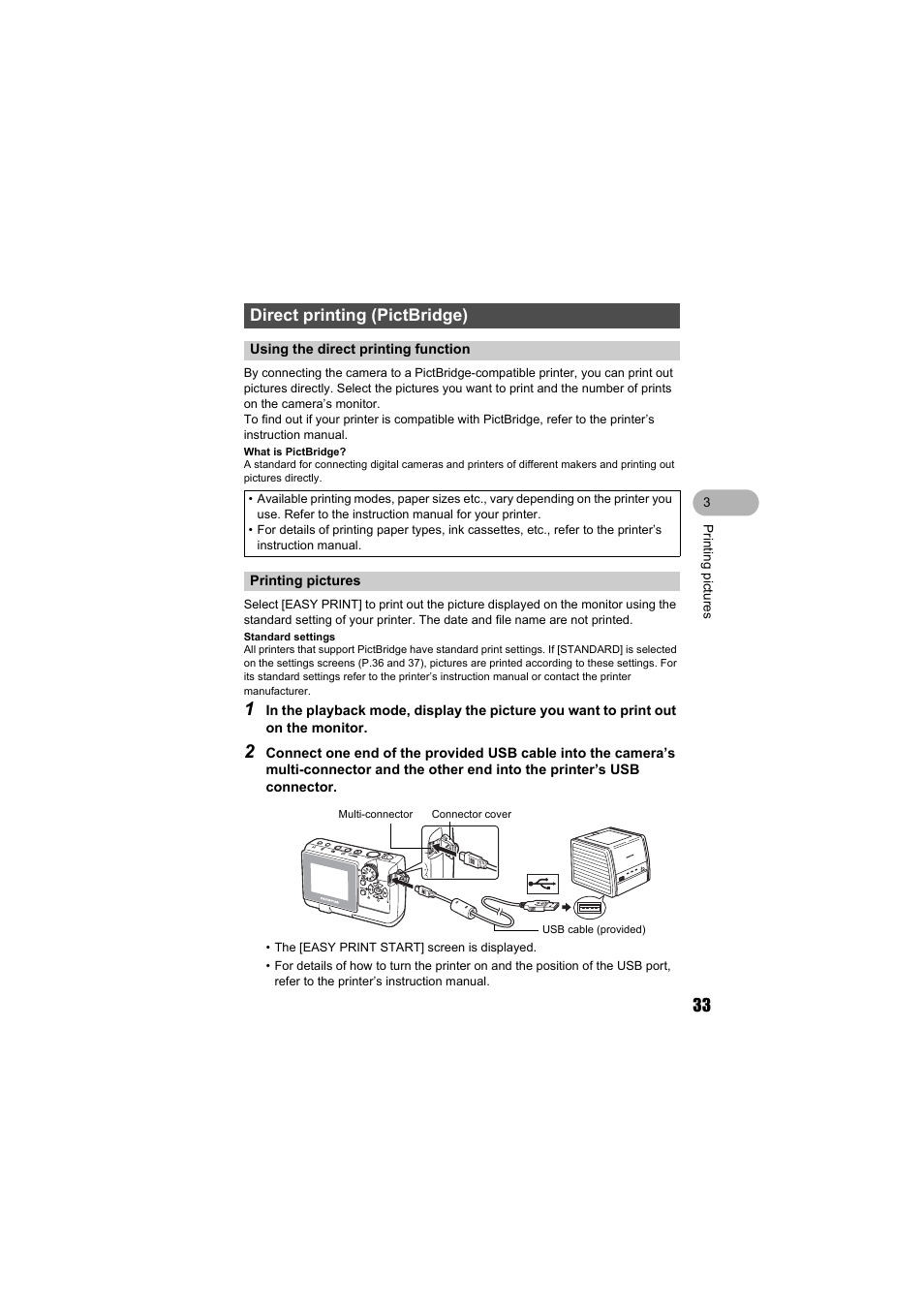 Direct printing (pictbridge), Using the direct printing function, Printing pictures | Olympus FE-140 User Manual | Page 33 / 80
