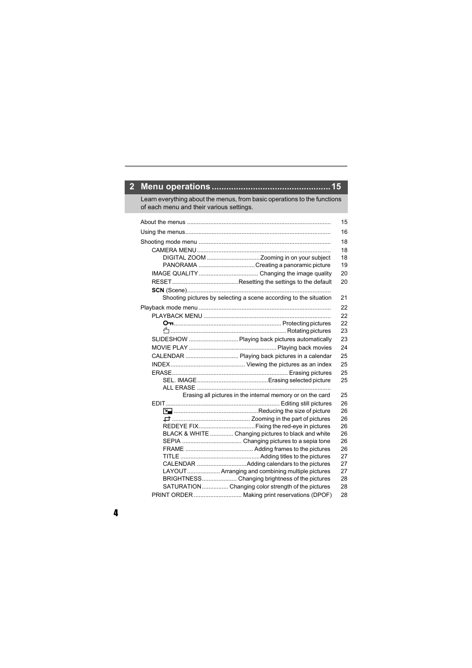 2 menu operations | Olympus FE-140 User Manual | Page 4 / 80