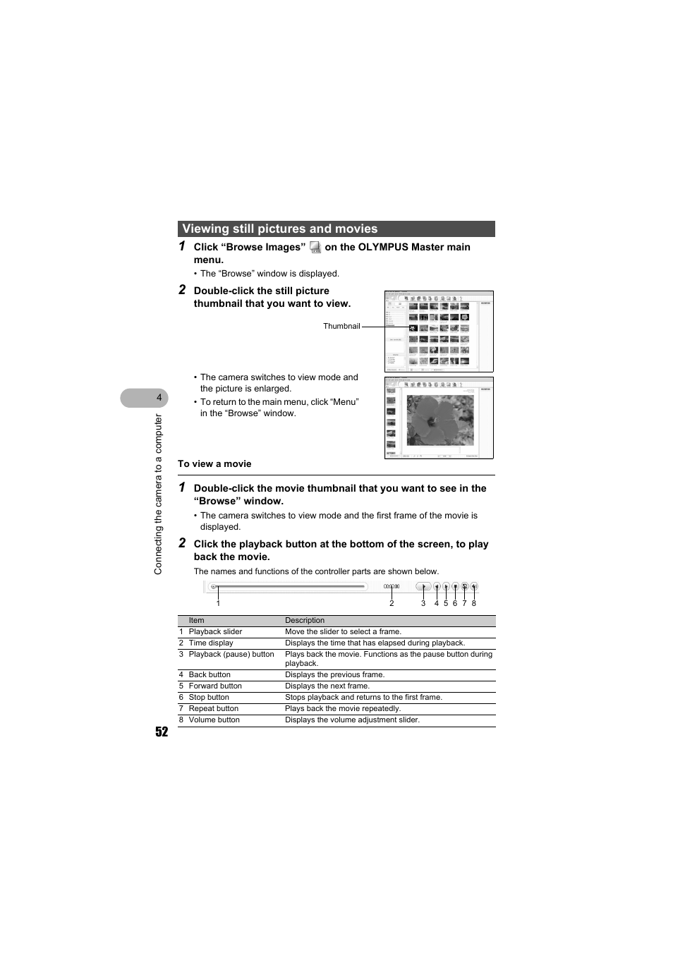 Viewing still pictures and movies | Olympus FE-140 User Manual | Page 52 / 80