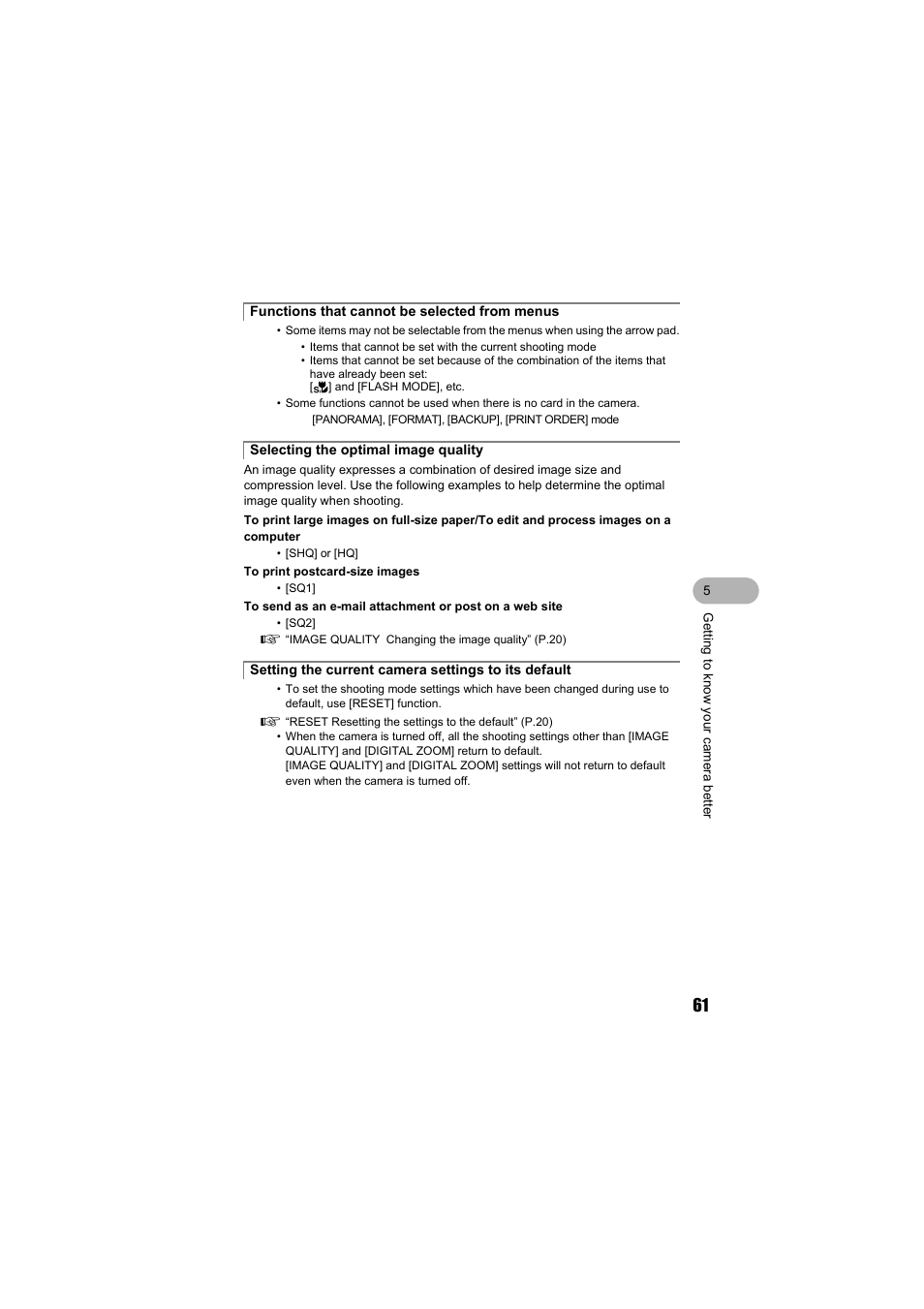 Functions that cannot be selected from menus, Selecting the optimal image quality, Setting the current camera settings to its default | Olympus FE-140 User Manual | Page 61 / 80