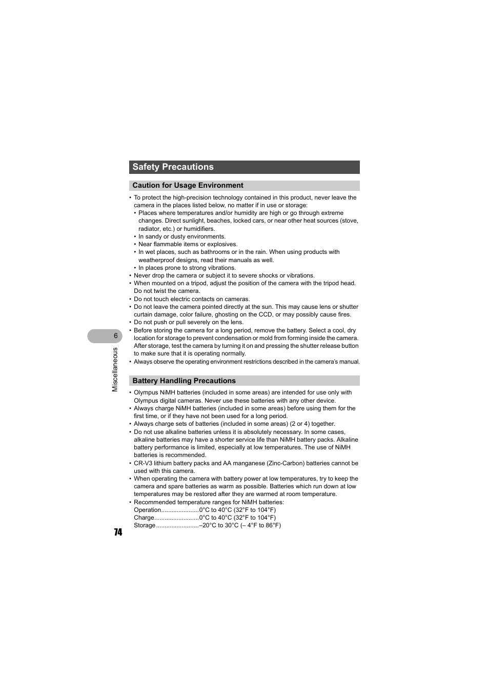 Safety precautions | Olympus FE-140 User Manual | Page 74 / 80