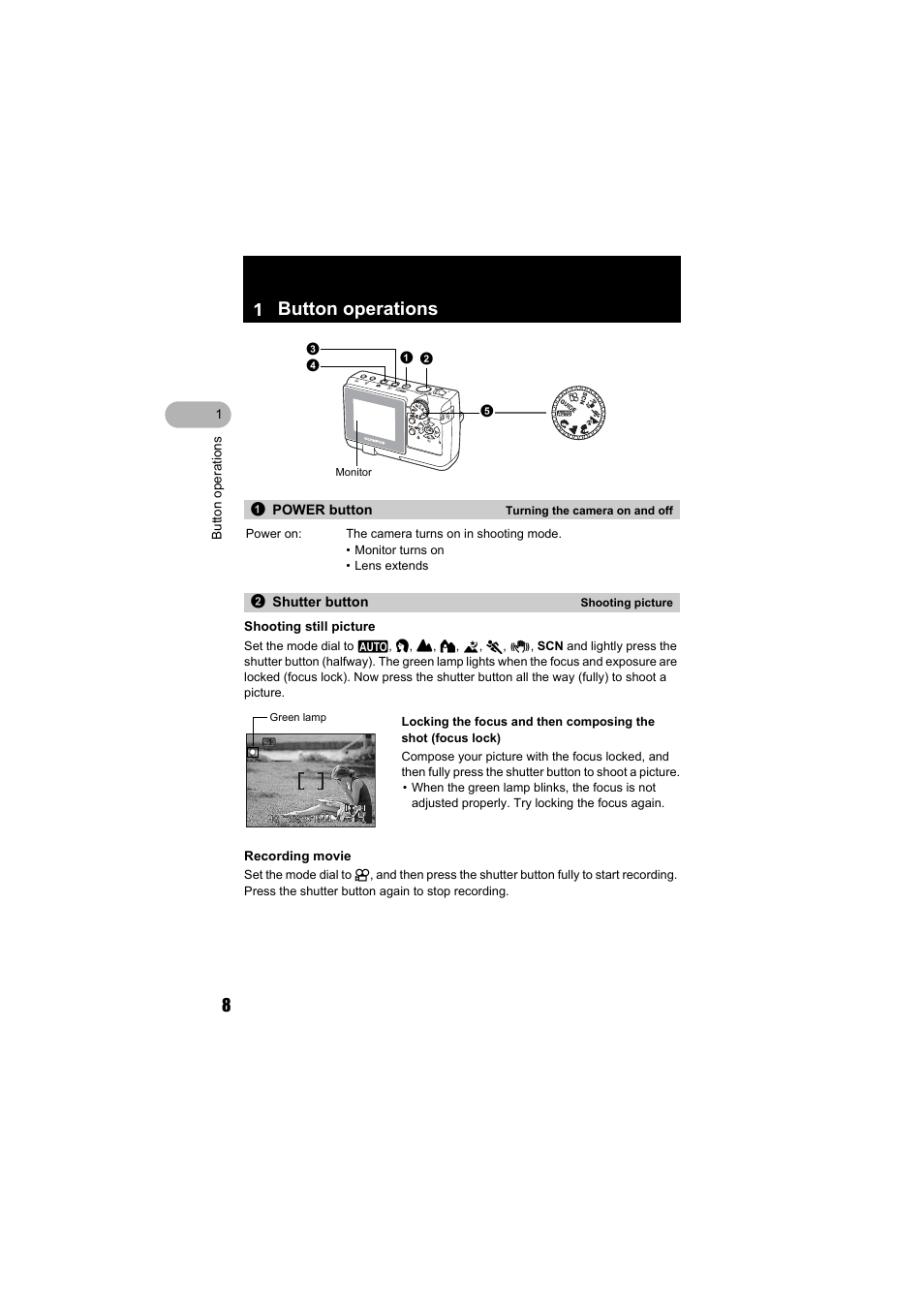 Button operations, Power button, Shutter button | 1 button operations | Olympus FE-140 User Manual | Page 8 / 80