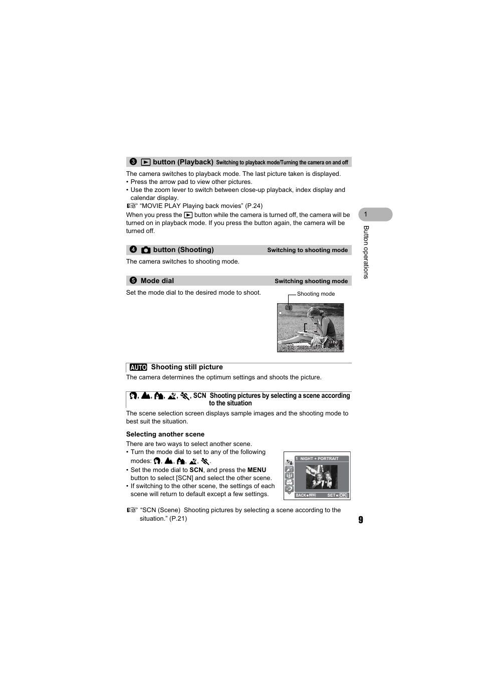 Playback button, Shooting button, Mode dial | Auto mode, Scene mode, Q button (playback), I, l, k, l, j, scn | Olympus FE-140 User Manual | Page 9 / 80