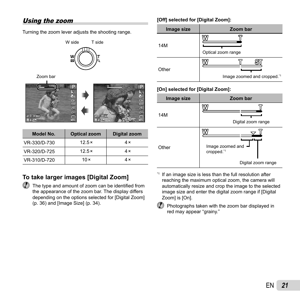 21 en, Using the zoom | Olympus VR-310 User Manual | Page 21 / 76